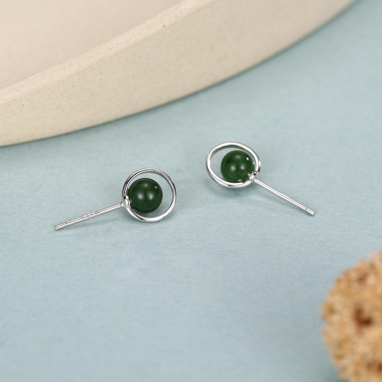 Genuine Jade Crystal Planet Stud Earrings in Sterling Silver, Green Jade Planet Halo Earrings, Jade Saturn Earrings