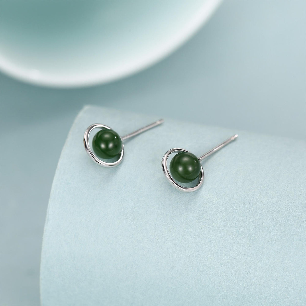 Genuine Jade Crystal Planet Stud Earrings in Sterling Silver, Green Jade Planet Halo Earrings, Jade Saturn Earrings