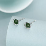 Genuine Jade Crystal Planet Stud Earrings in Sterling Silver, Green Jade Planet Halo Earrings, Jade Saturn Earrings