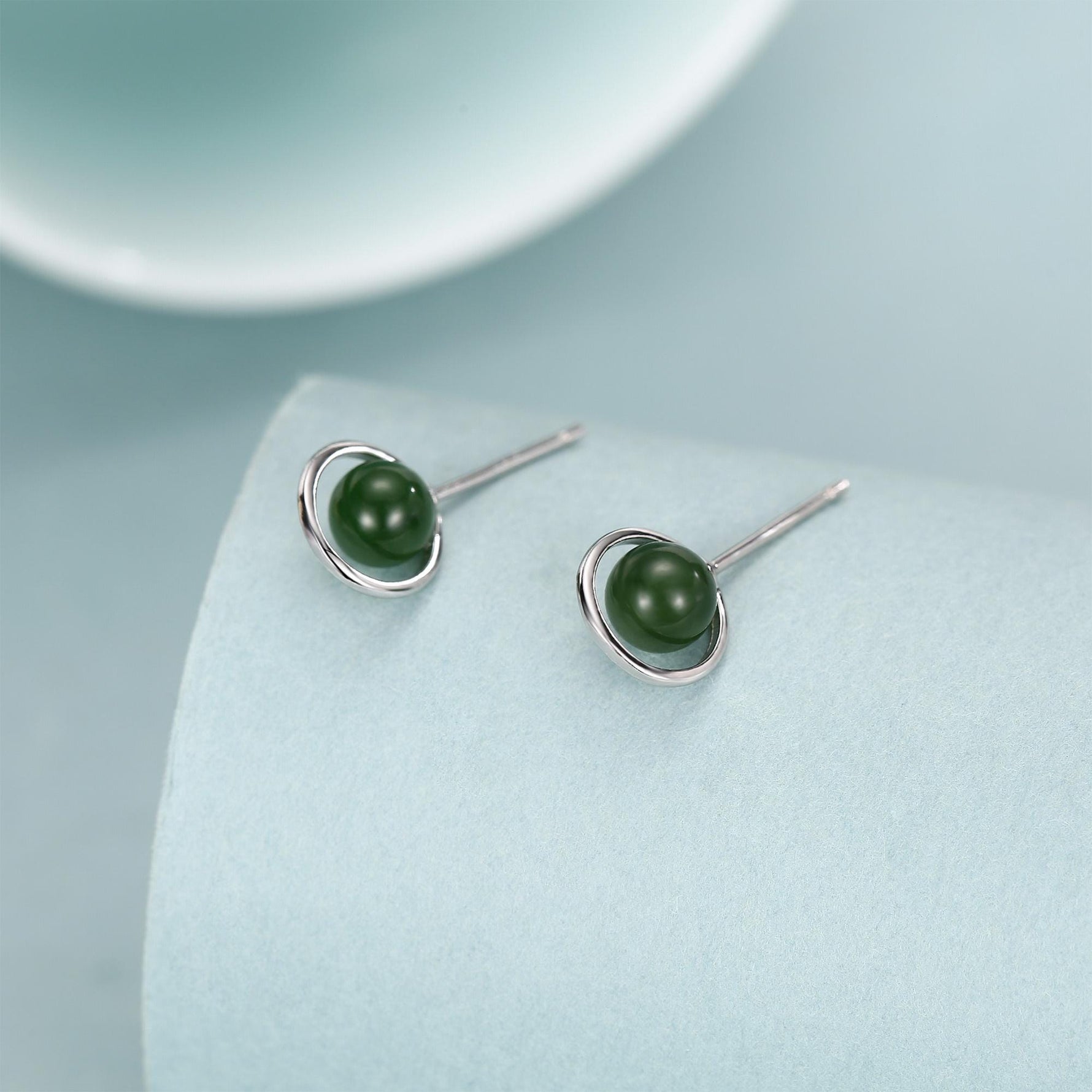 Genuine Jade Crystal Planet Stud Earrings in Sterling Silver, Green Jade Planet Halo Earrings, Jade Saturn Earrings