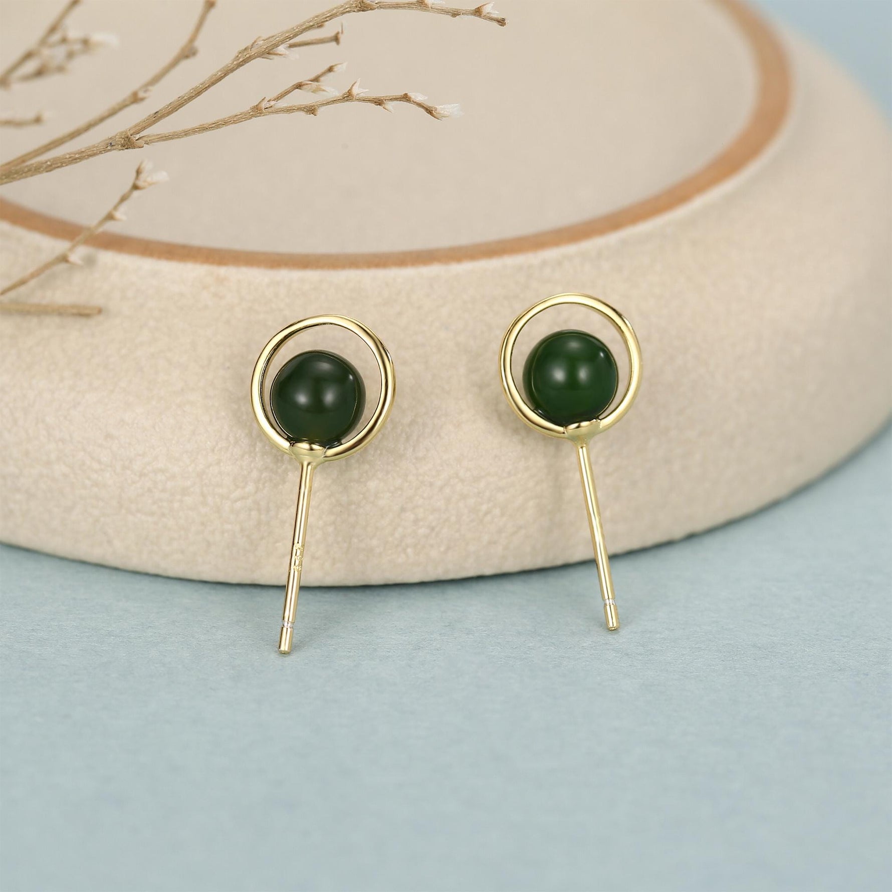 Genuine Jade Crystal Planet Stud Earrings in Sterling Silver, Green Jade Planet Halo Earrings, Jade Saturn Earrings