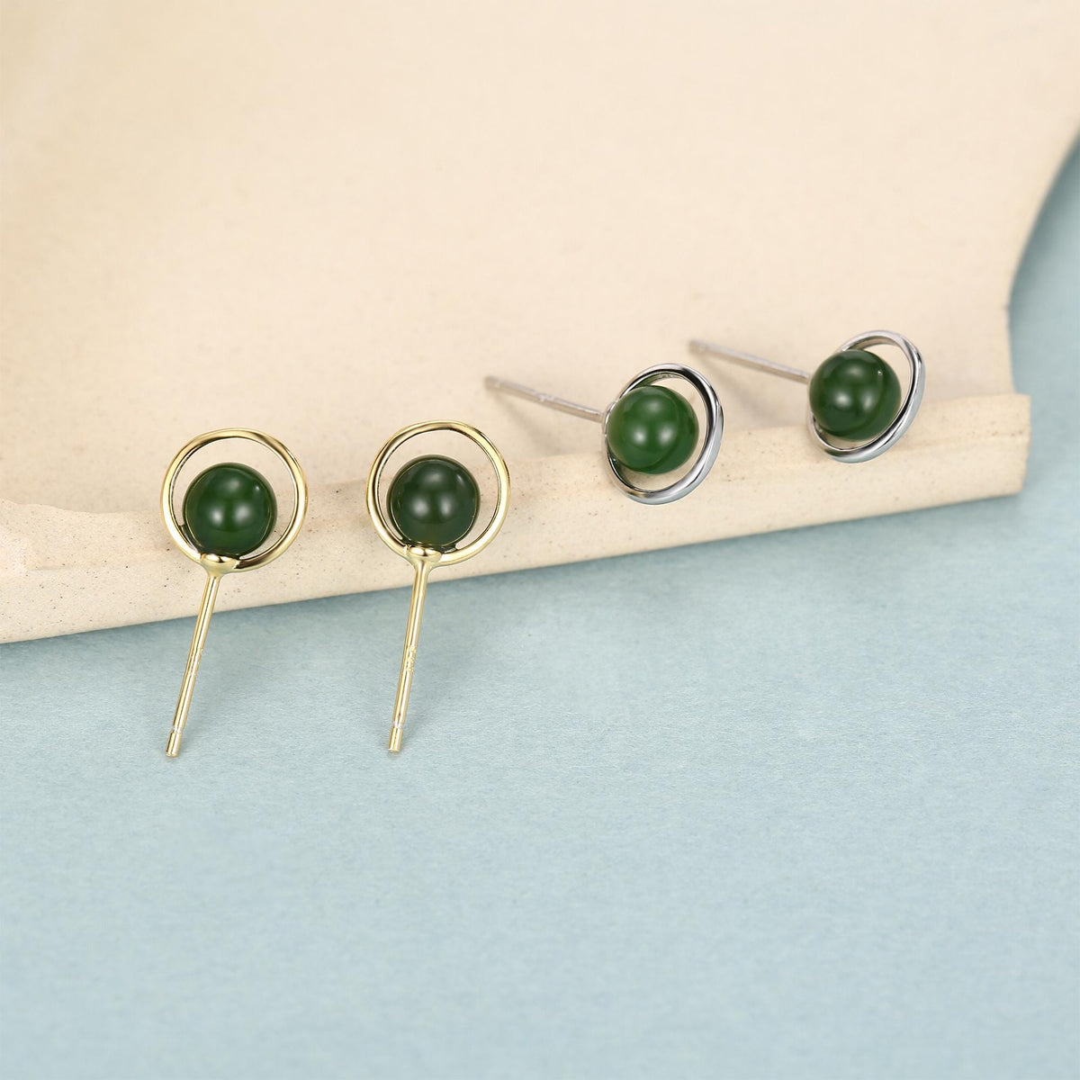 Genuine Jade Crystal Planet Stud Earrings in Sterling Silver, Green Jade Planet Halo Earrings, Jade Saturn Earrings