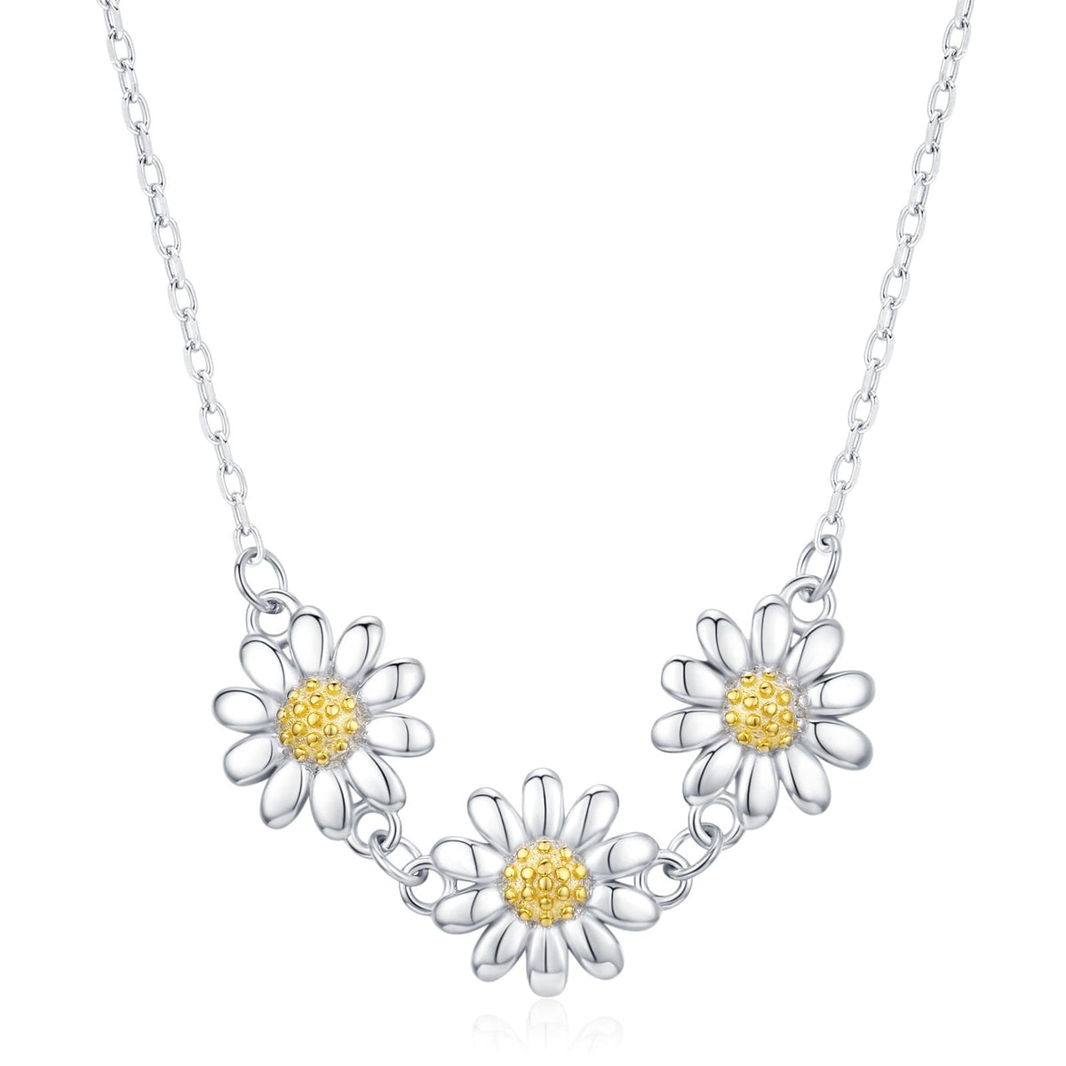 Sterling Silver Daisy Flower Trio Pendant Necklace, Three Flower dainty Necklace, Daisy Chain Necklace, Two Tone Flower Pendant Necklace