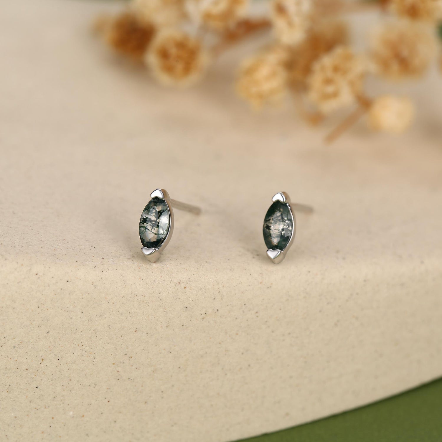 Sterling Silver Moss Agate Marquise Stud Earrings