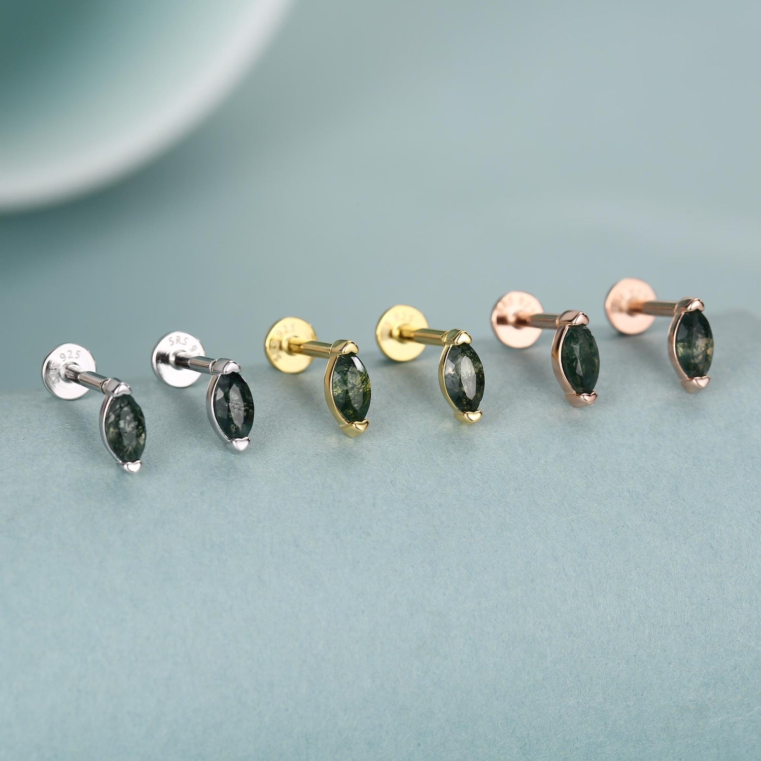 Sterling Silver Moss Agate Marquise 16G Flat Back Earrings