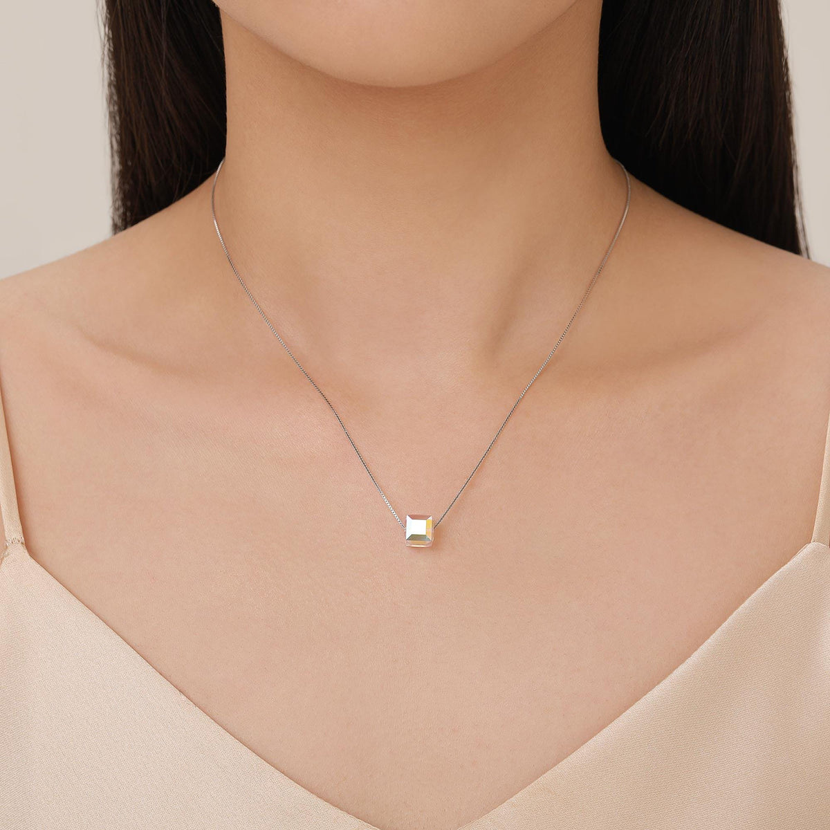 Sterling Silver Aurora Crystal Cube Pendant Necklace