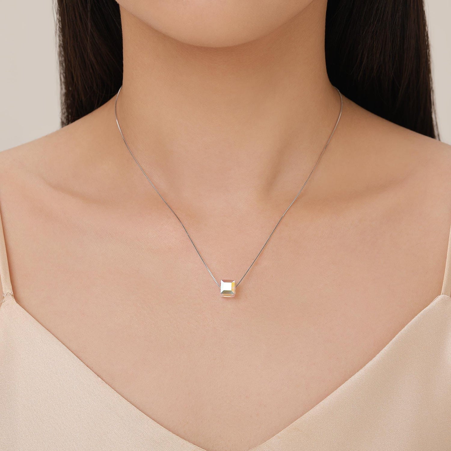 Sterling Silver Aurora Crystal Cube Pendant Necklace