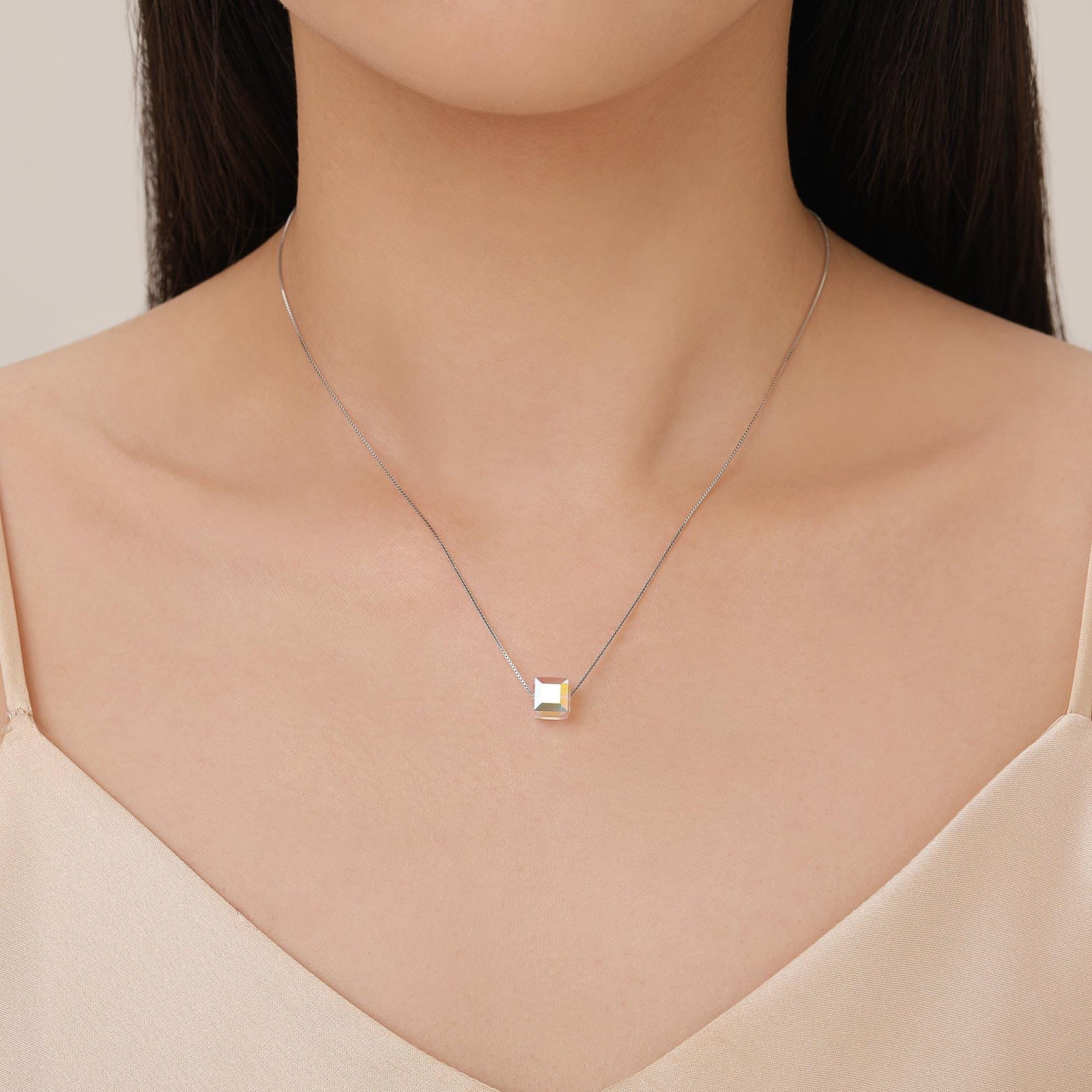 Sterling Silver Aurora Crystal Cube Pendant Necklace