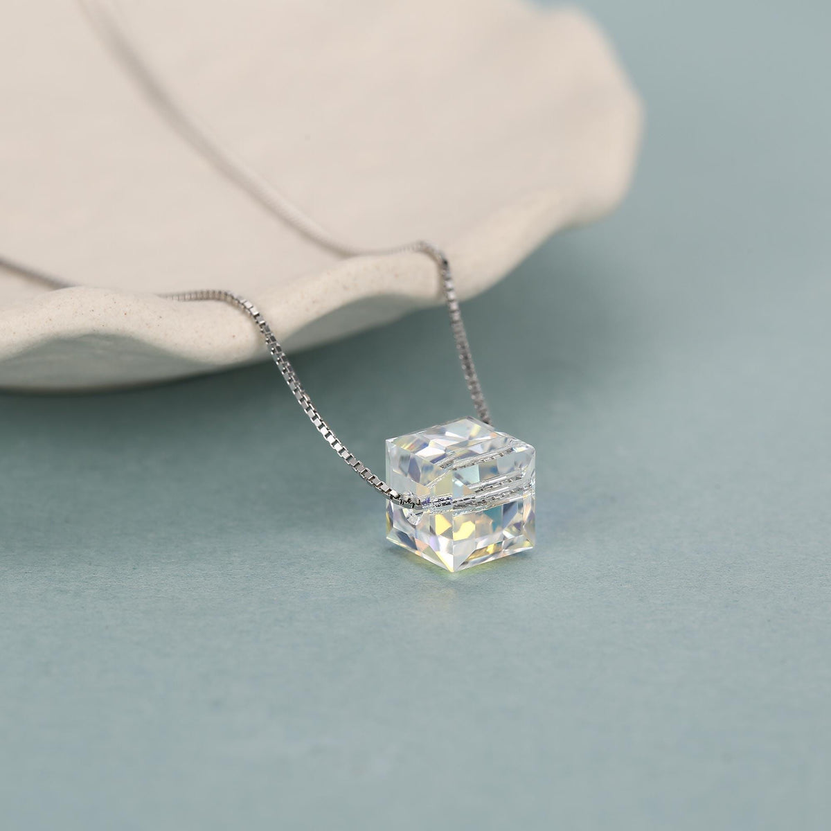Sterling Silver Aurora Crystal Cube Pendant Necklace