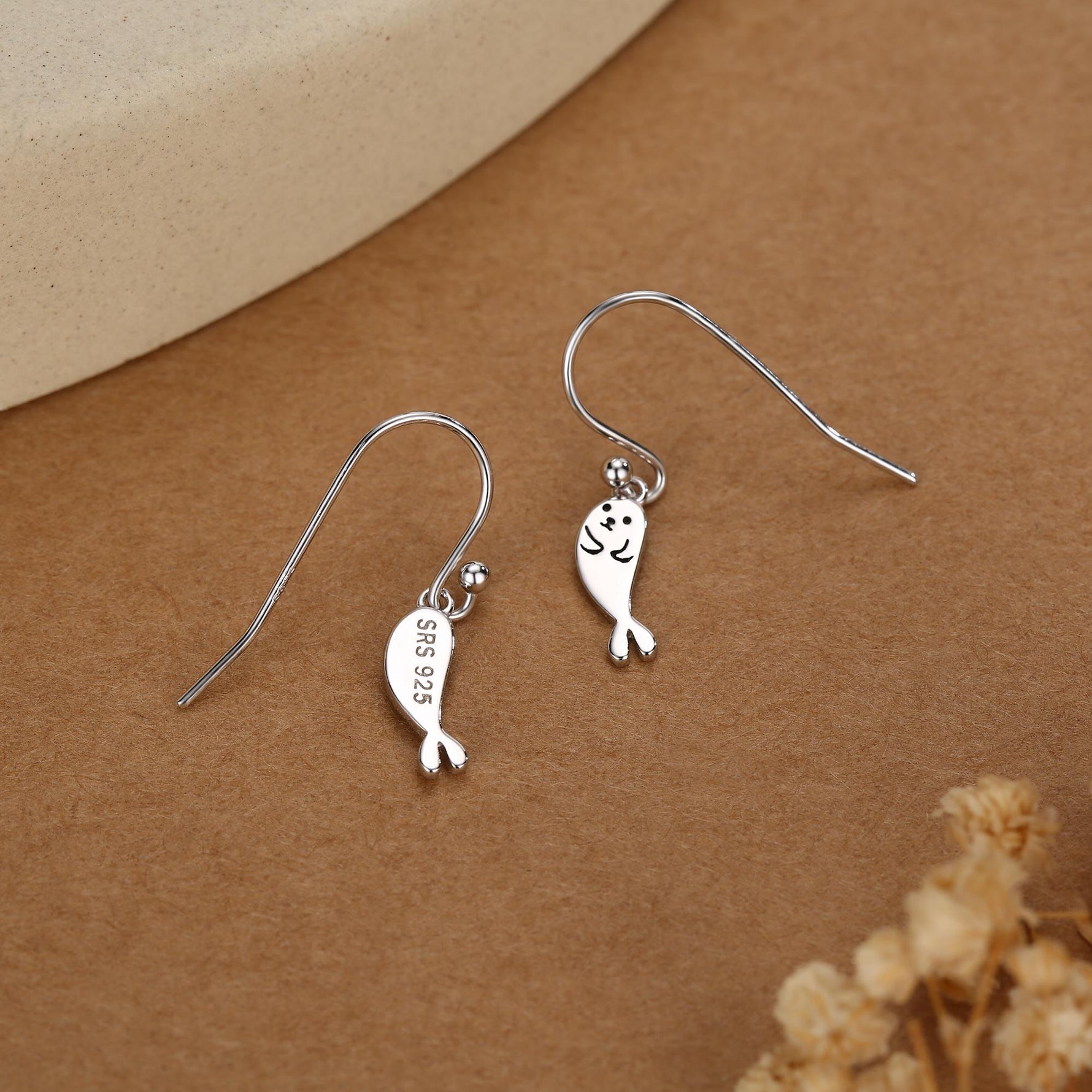 Cute Baby Seal Drop Dangling Earrings in Sterling Silver, Silver or Gold or Rose Gold, Seal Earrings, Ocean Animal Hook Earrings, Scottish
