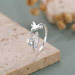 Sterling Silver Hummingbird and Flower Open Ring