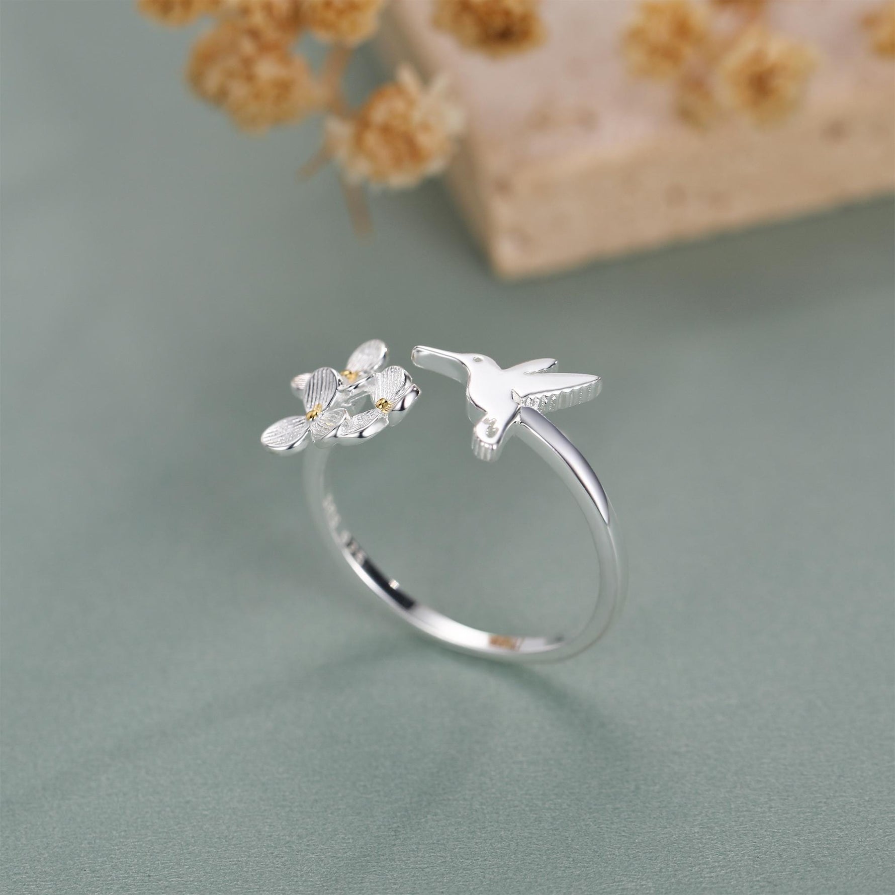 Sterling Silver Hummingbird and Flower Open Ring