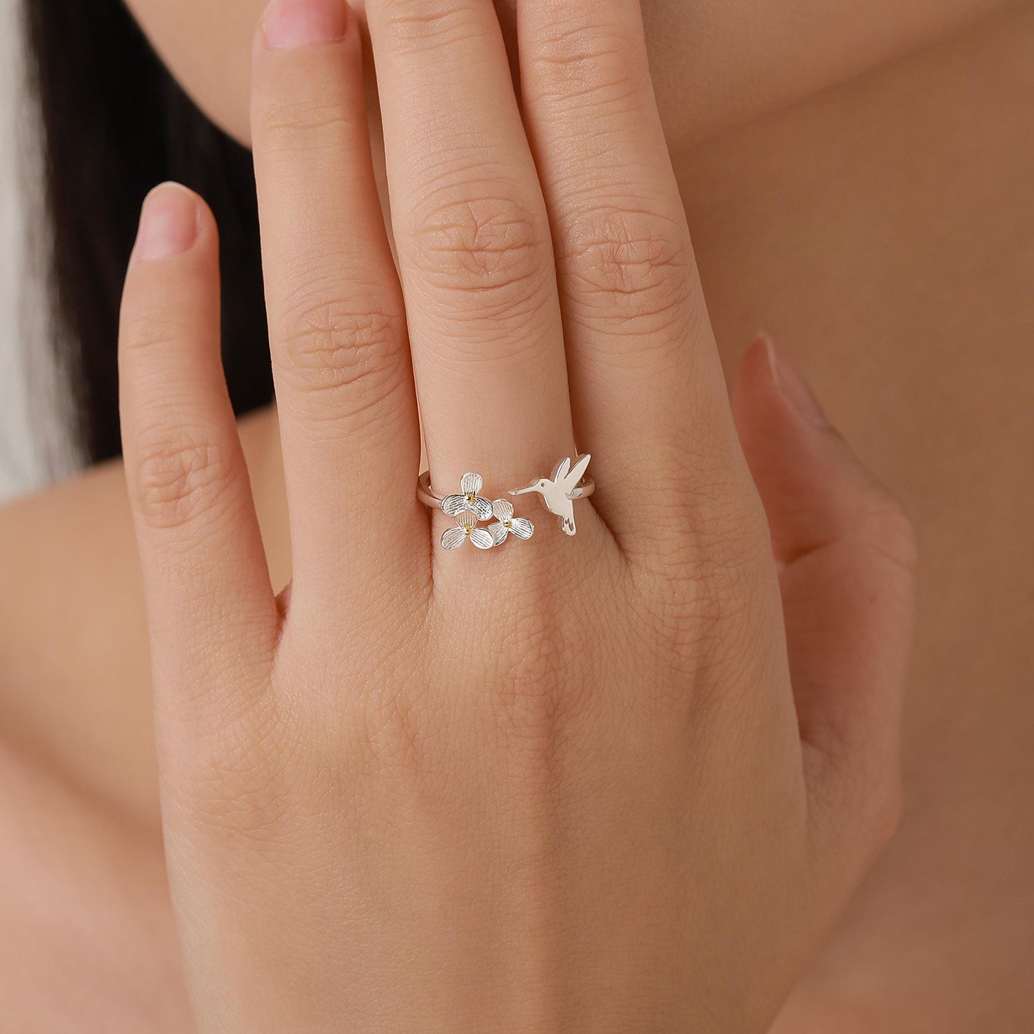Sterling Silver Hummingbird and Flower Open Ring