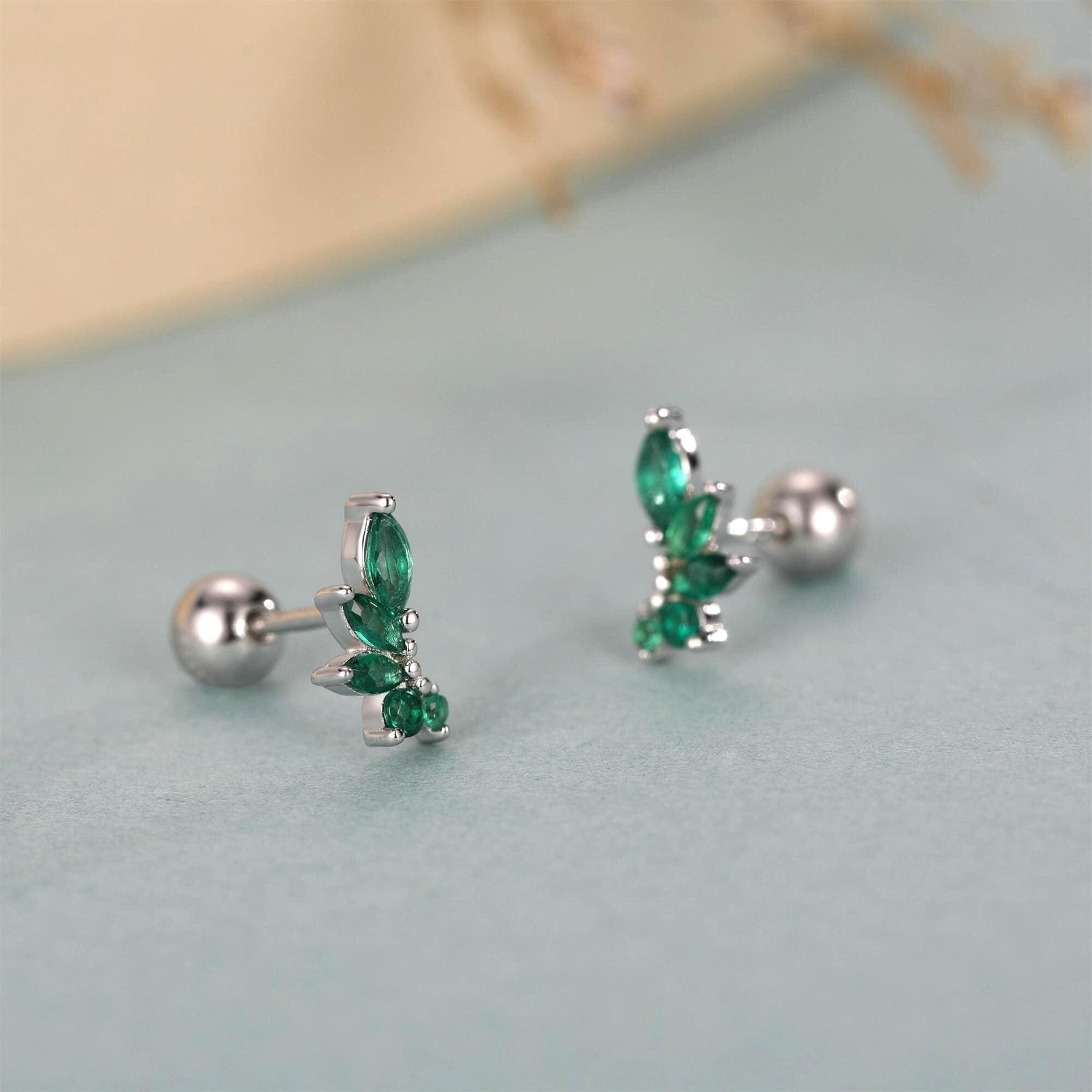 Sterling Silver Green Marquise CZ 18G Screw Back Earrings