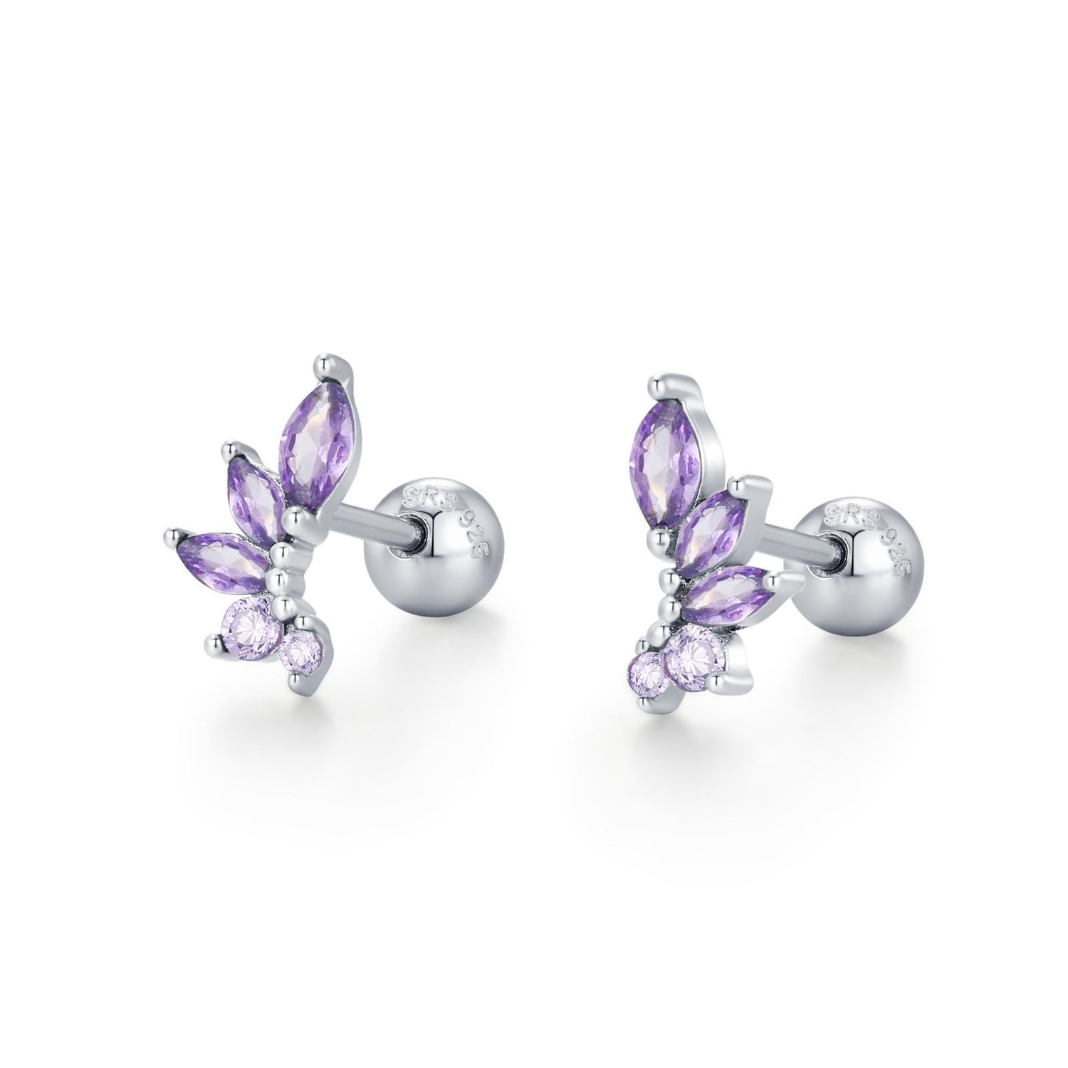 Sterling Silver Purple Marquise CZ Cluster 18G Screw Back Earrings with Ball Backs