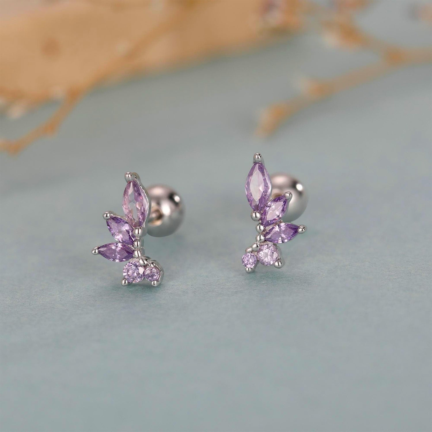 Sterling Silver Purple Marquise CZ Cluster 18G Screw Back Earrings with Ball Backs