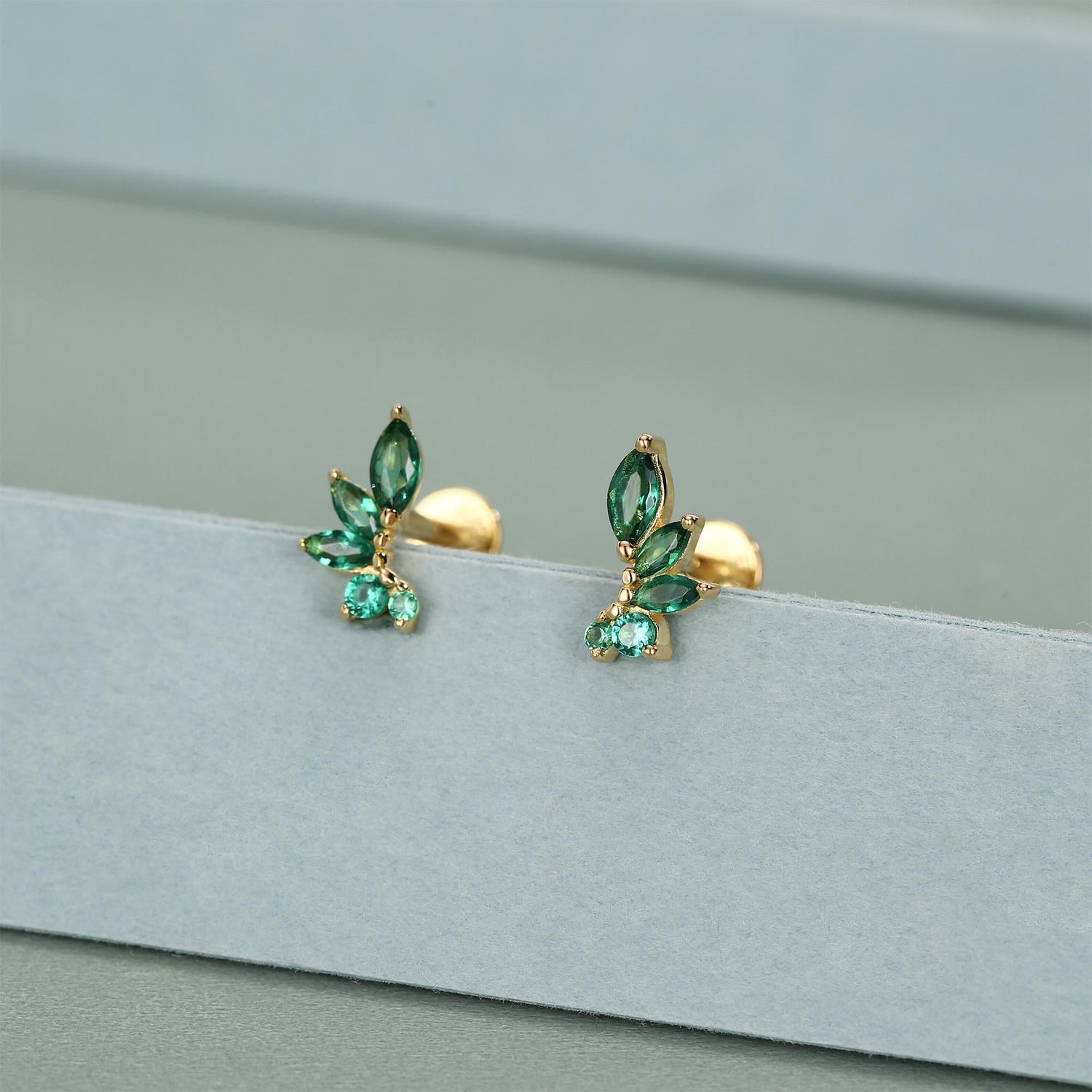 Sterling Silver Green CZ Marquise Cluster 16G Flat Back Earrings