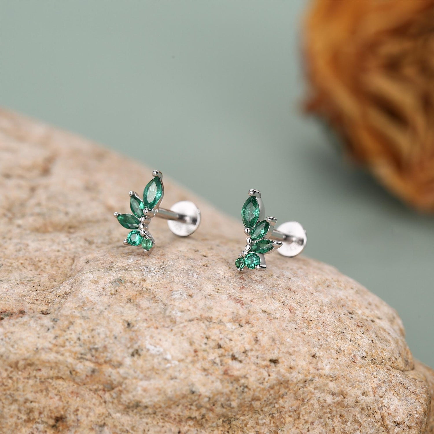 Sterling Silver Green CZ Marquise Cluster 16G Flat Back Earrings