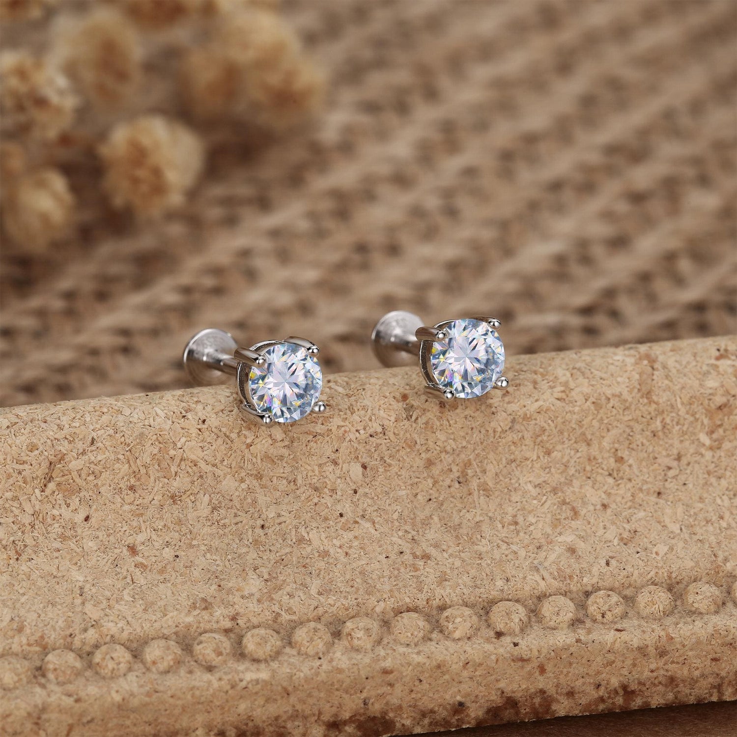 Brilliant Cut 5mm Moissanite 16G Flat Back Labret Earrings in Sterling Silver