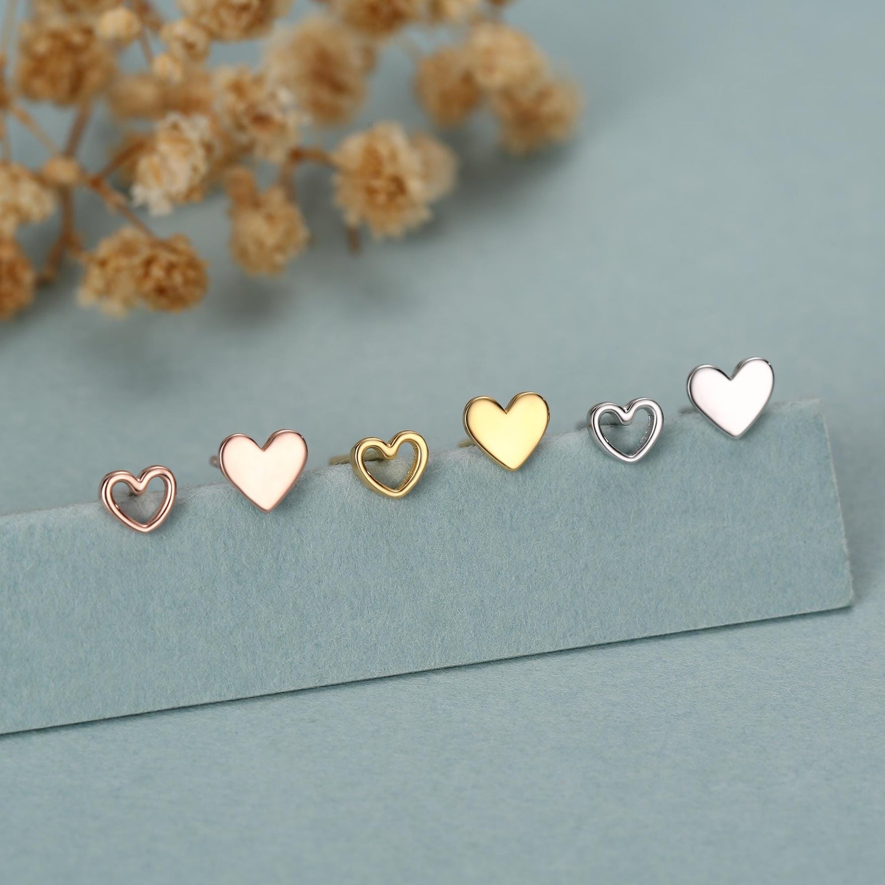 Mismatched Heart Small Stud Earrings in Sterling Silver, Asymmetric Open Heart Stud Earrings, Gold, Silver and Rose Gold