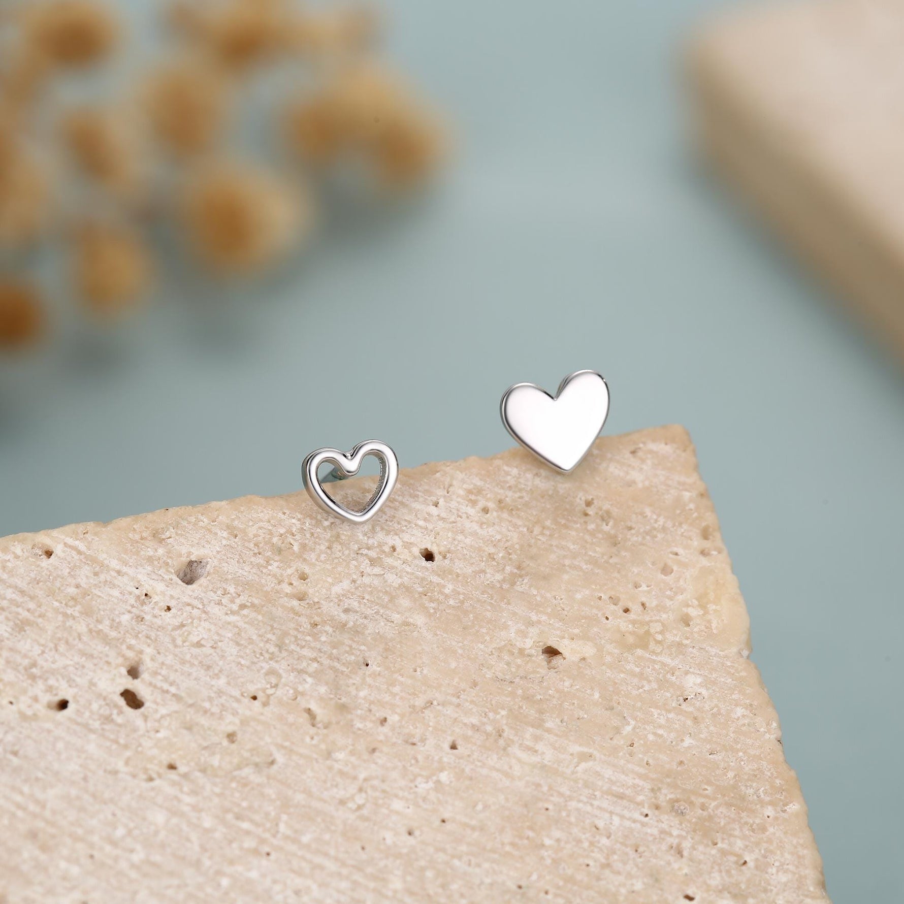 Mismatched Heart Small Stud Earrings in Sterling Silver, Asymmetric Open Heart Stud Earrings, Gold, Silver and Rose Gold