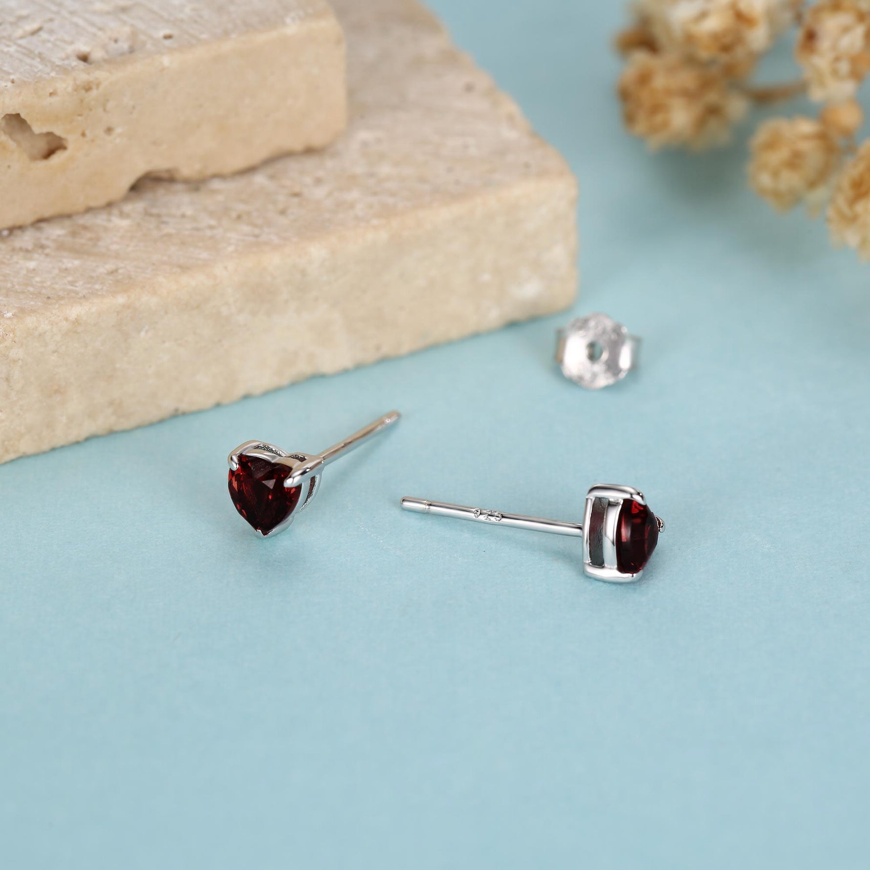 Natural Dark Garnet Crystal Heart Stud Earrings in Sterling Silver,4mm Garnet Crystal, Heart Stud Earrings, Tiny Heart Earrings