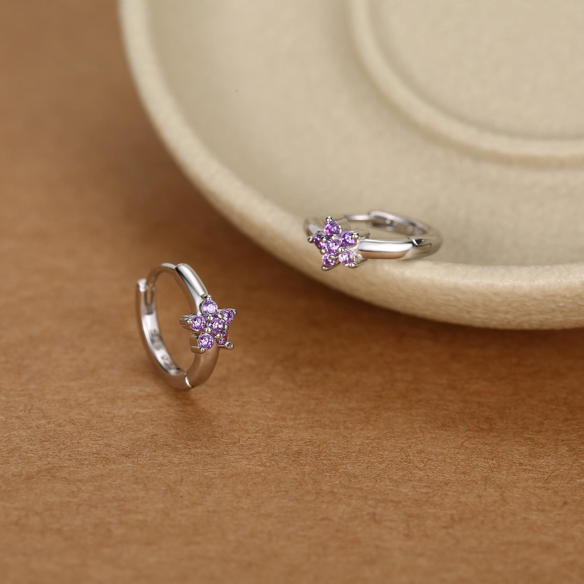 Tiny Purple Amethyst CZ Flower Huggie Hoops, CZ Hoop Earrings, Crystal Flower Huggie Earrings, Amehyst Hoop Earrings