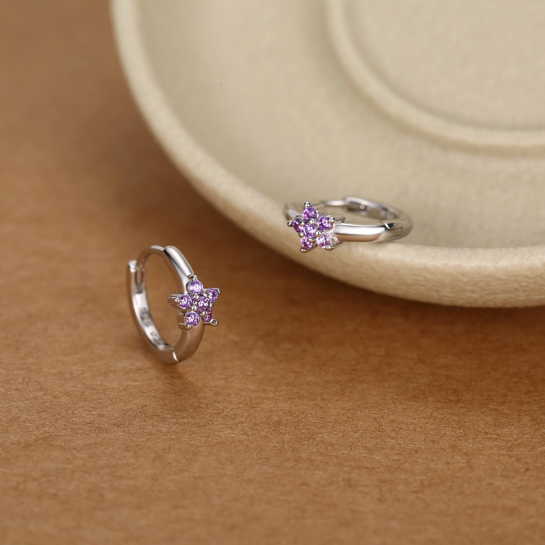 Tiny Purple Amethyst CZ Flower Huggie Hoops, CZ Hoop Earrings, Crystal Flower Huggie Earrings, Amehyst Hoop Earrings