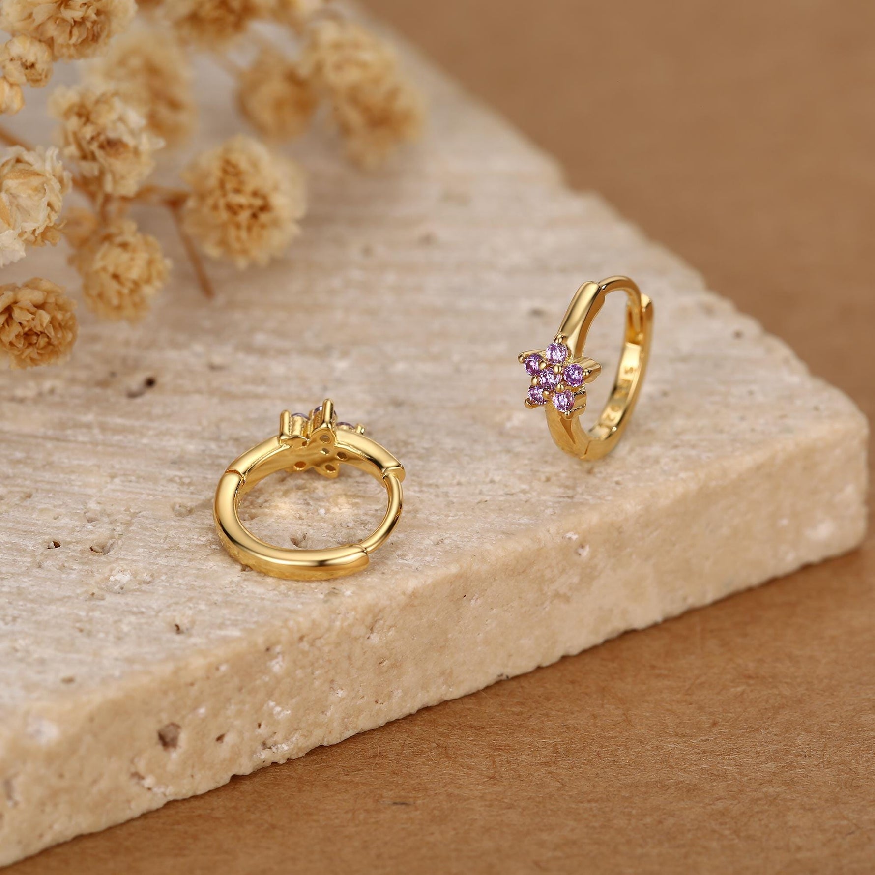 Tiny Purple Amethyst CZ Flower Huggie Hoops, CZ Hoop Earrings, Crystal Flower Huggie Earrings, Amehyst Hoop Earrings