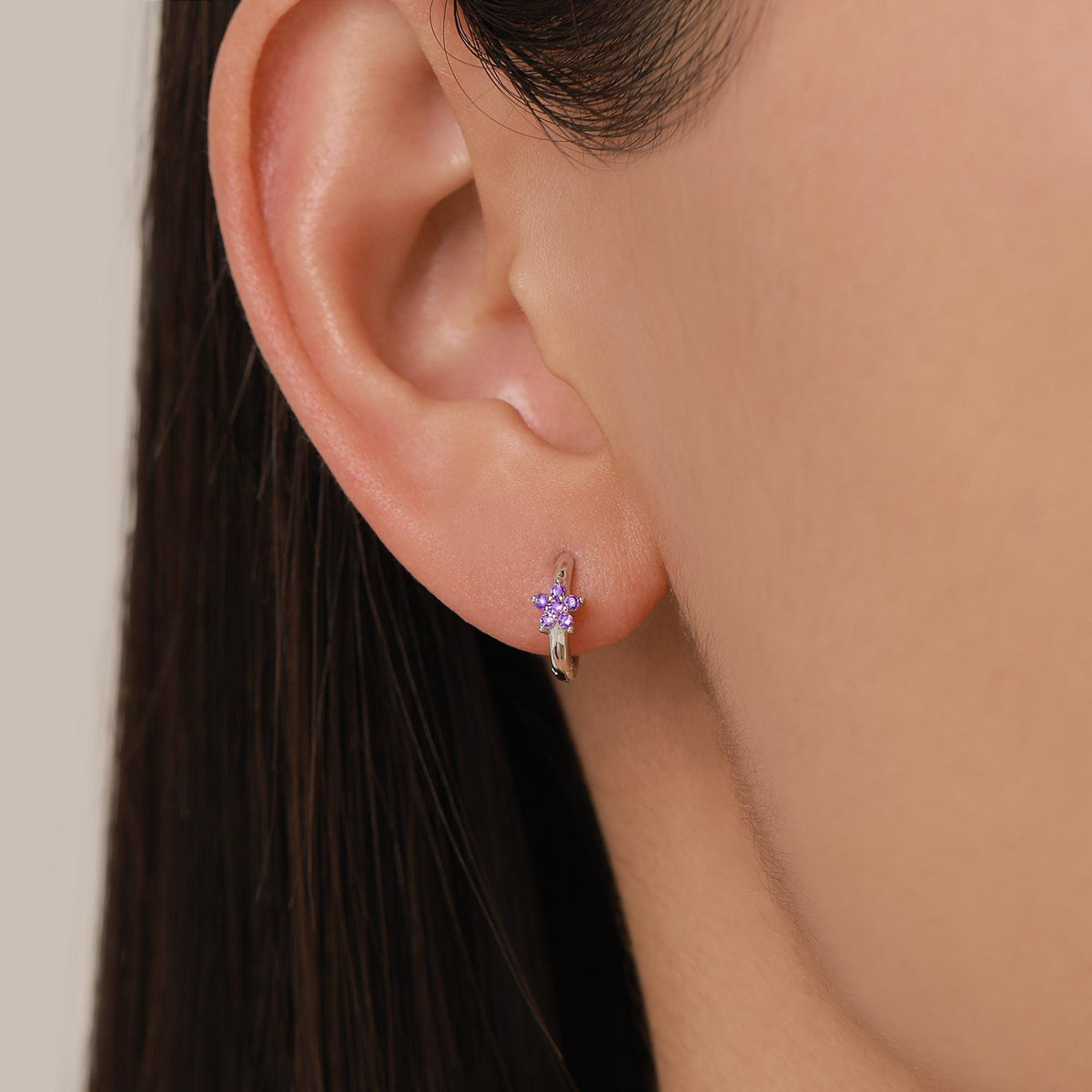 Tiny Purple Amethyst CZ Flower Huggie Hoops, CZ Hoop Earrings, Crystal Flower Huggie Earrings, Amehyst Hoop Earrings
