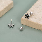 Sterling Silver Black CZ Flower Barbell Earrings, Gold or Silver, Marquise CZ Screw Back Earrings, Stacking Earrings