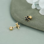 Sterling Silver Black CZ Flower Barbell Earrings, Gold or Silver, Marquise CZ Screw Back Earrings, Stacking Earrings