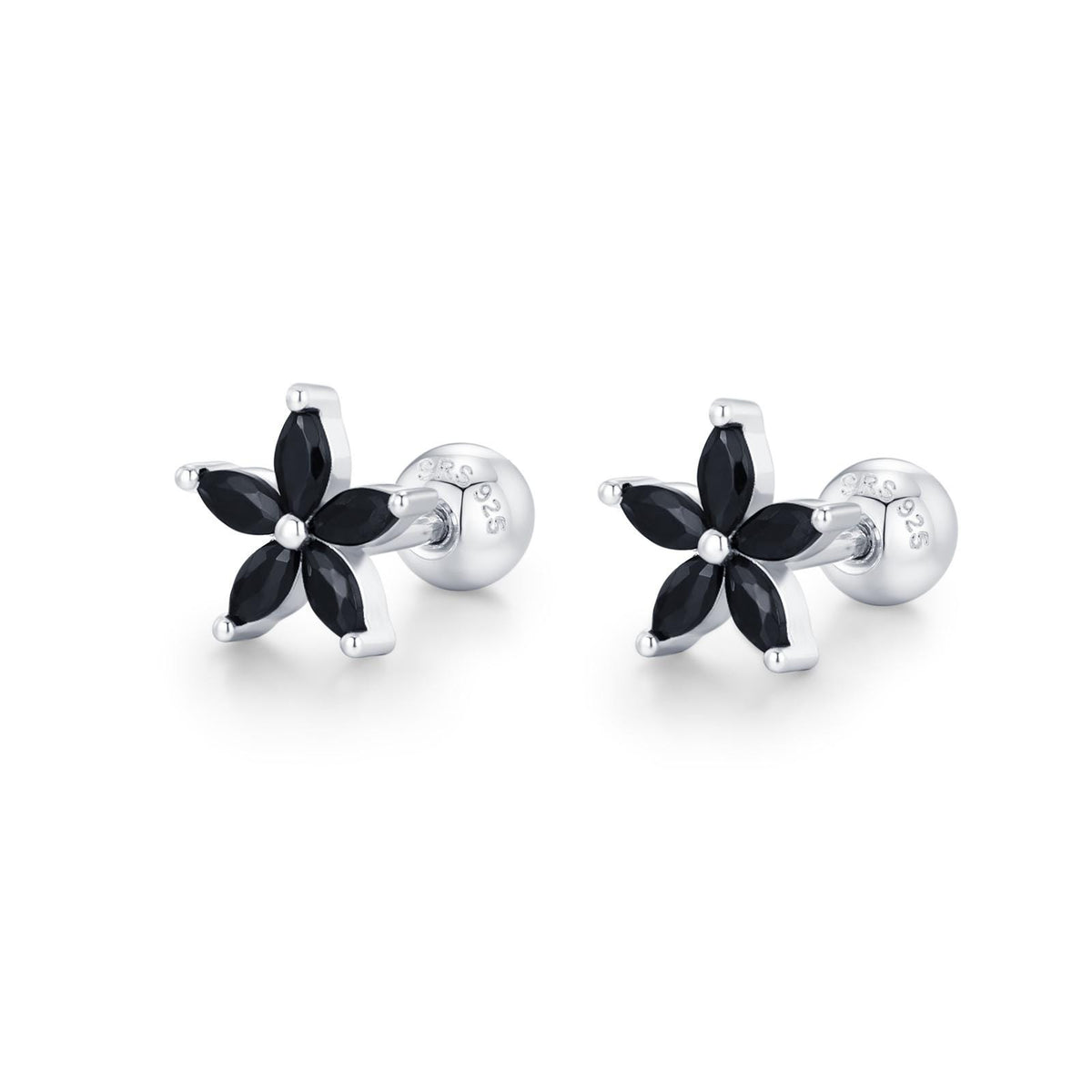 Sterling Silver Black CZ Flower Barbell Earrings, Gold or Silver, Marquise CZ Screw Back Earrings, Stacking Earrings