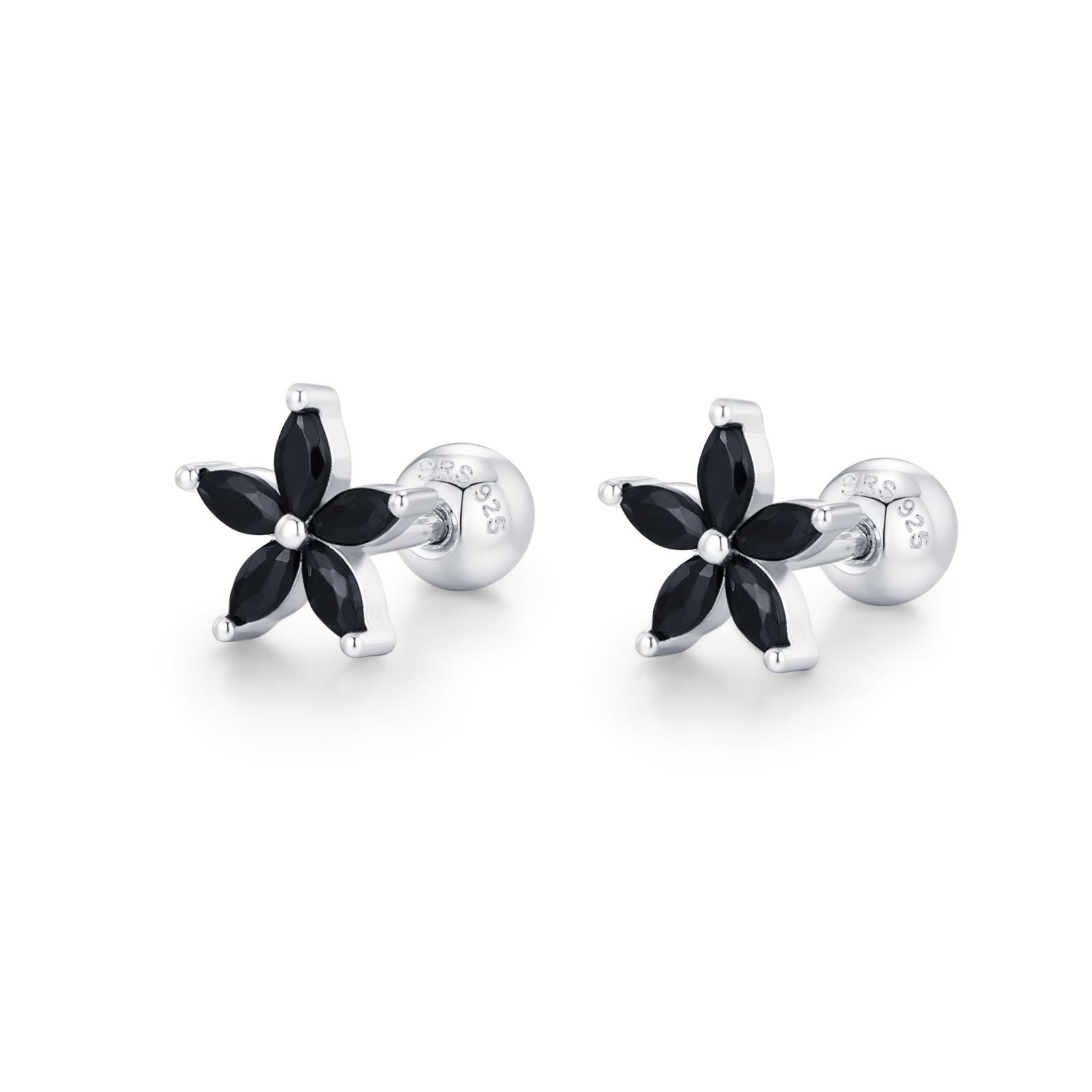Sterling Silver Black CZ Flower Barbell Earrings, Gold or Silver, Marquise CZ Screw Back Earrings, Stacking Earrings