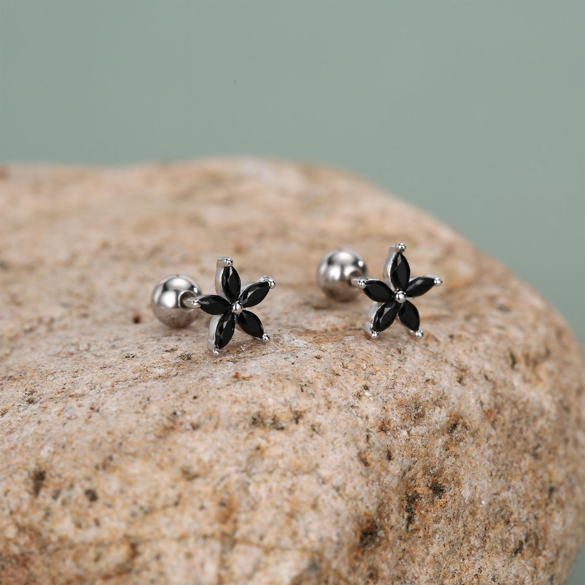 Sterling Silver Black CZ Flower Barbell Earrings, Gold or Silver, Marquise CZ Screw Back Earrings, Stacking Earrings