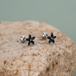 Sterling Silver Black CZ Flower Barbell Earrings, Gold or Silver, Marquise CZ Screw Back Earrings, Stacking Earrings