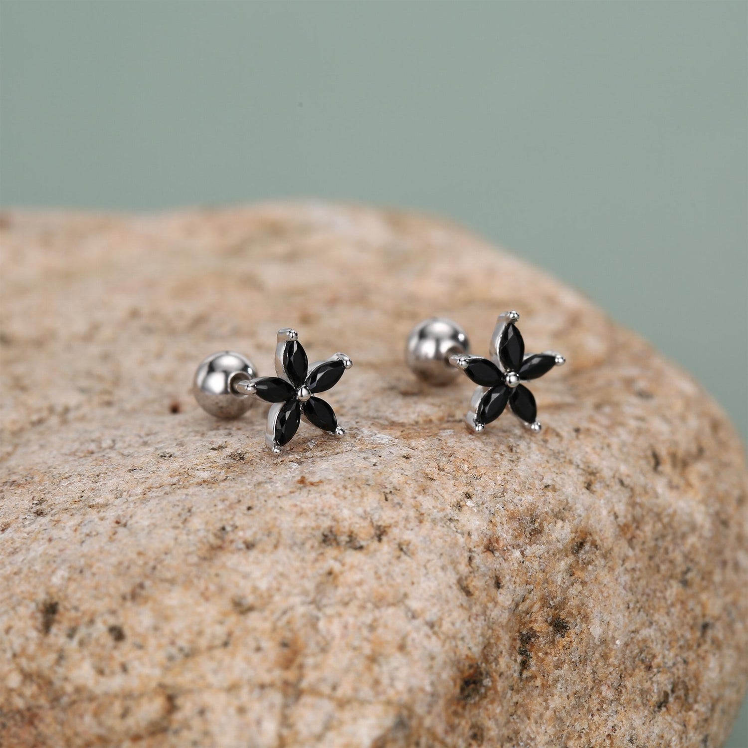 Sterling Silver Black CZ Flower Barbell Earrings, Gold or Silver, Marquise CZ Screw Back Earrings, Stacking Earrings