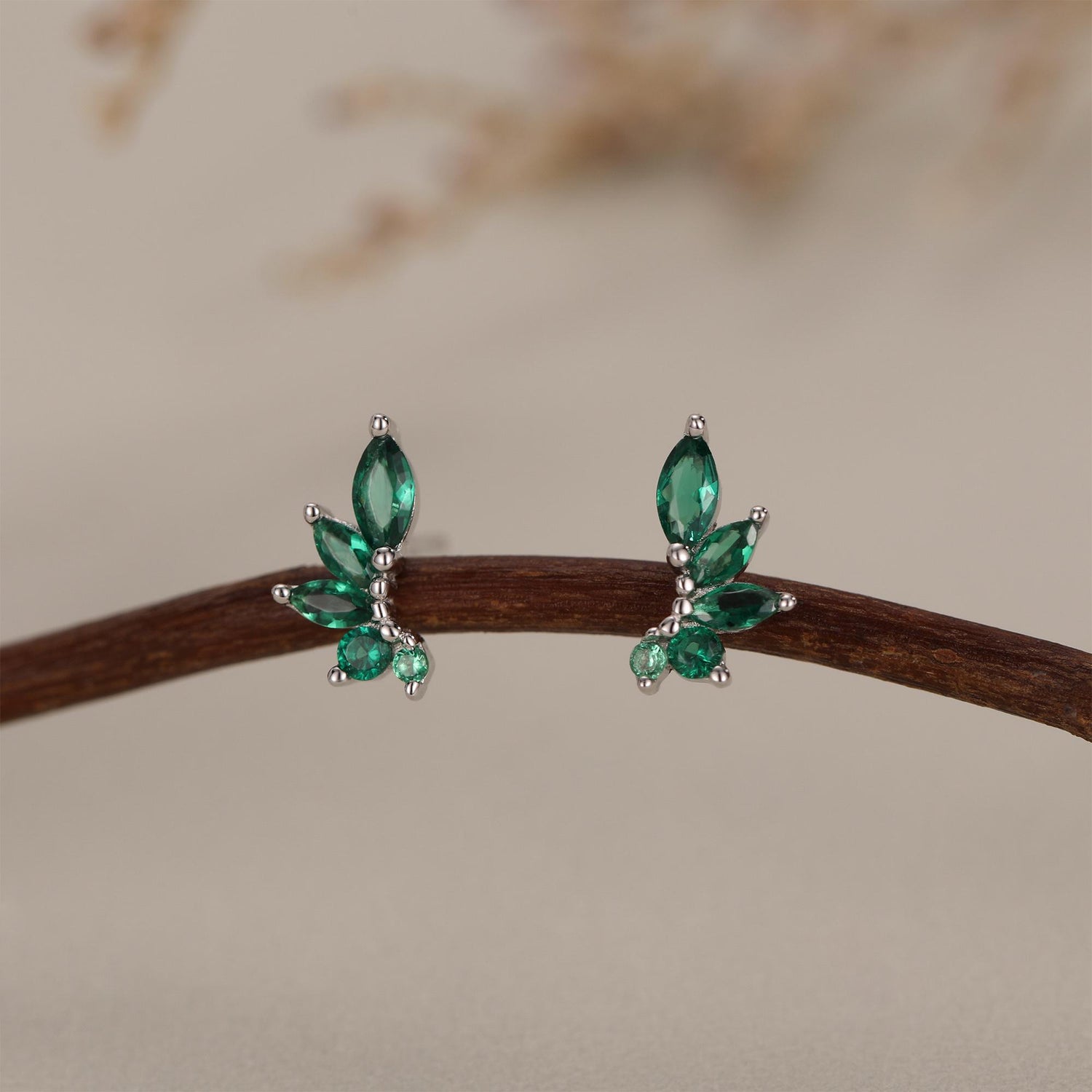 Emerald Green CZ Marquise Cluster Stud Earrings in Sterling Silver, Silver or Gold, Marquise Earrings, CZ Wing Earrings, Mini Crawler