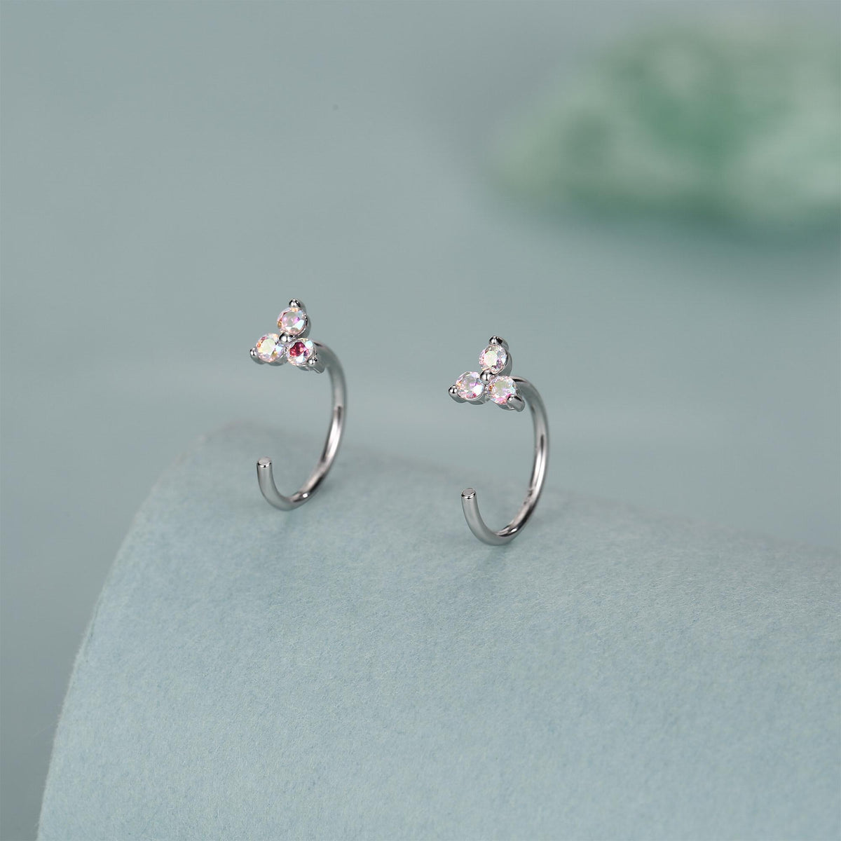 CZ Trio Hydrangea Flower Huggie Hoop Earrings in Sterling Silver, Aurora AB Crystal, Tiny CZ Open Hoops, Pull Through Threaders,