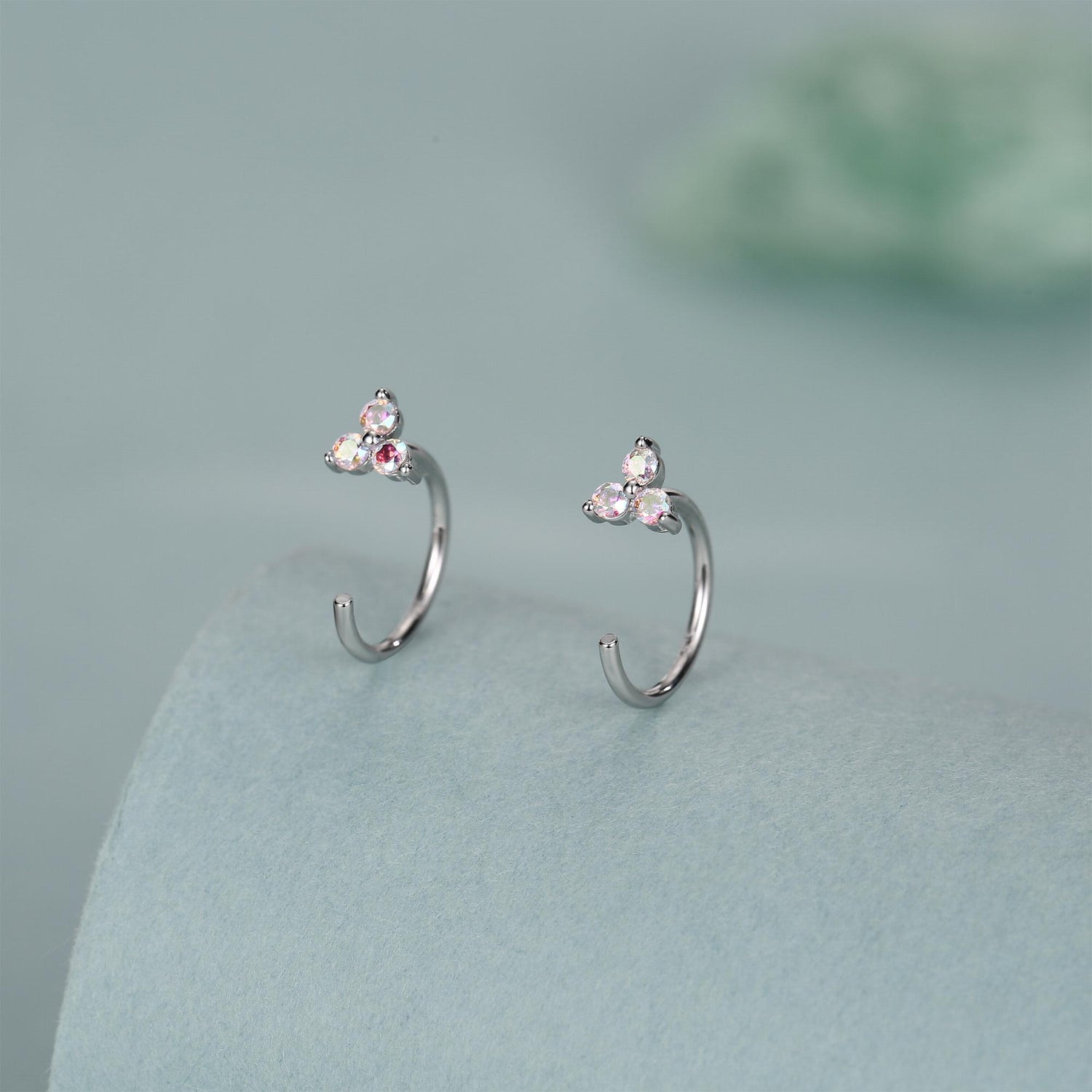 CZ Trio Hydrangea Flower Huggie Hoop Earrings in Sterling Silver, Aurora AB Crystal, Tiny CZ Open Hoops, Pull Through Threaders,