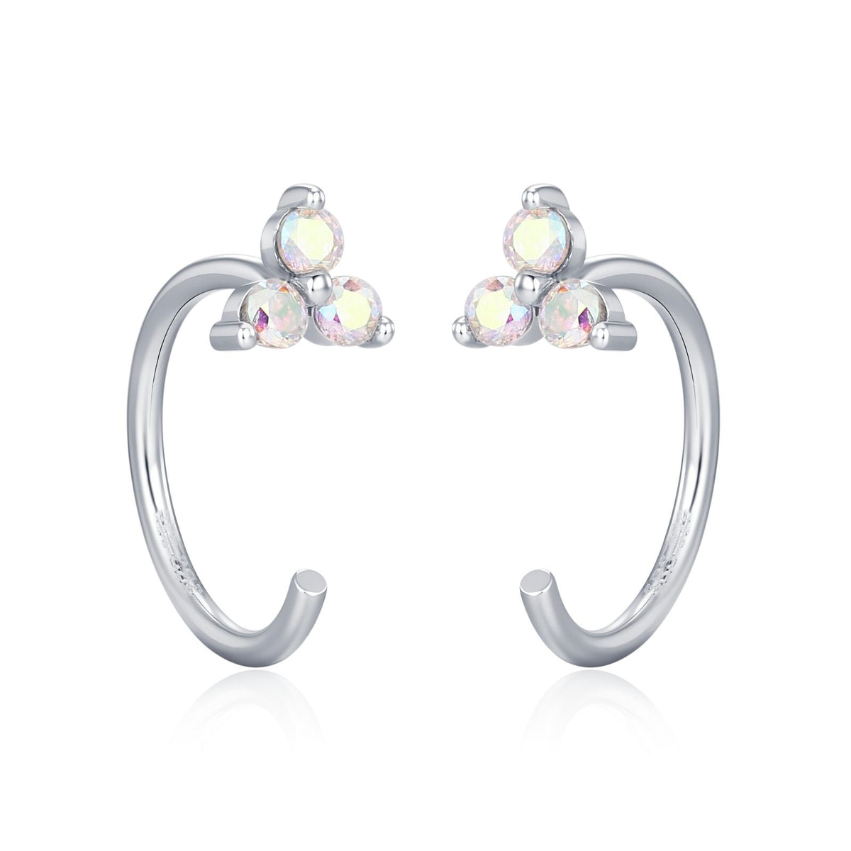 CZ Trio Hydrangea Flower Huggie Hoop Earrings in Sterling Silver, Aurora AB Crystal, Tiny CZ Open Hoops, Pull Through Threaders,