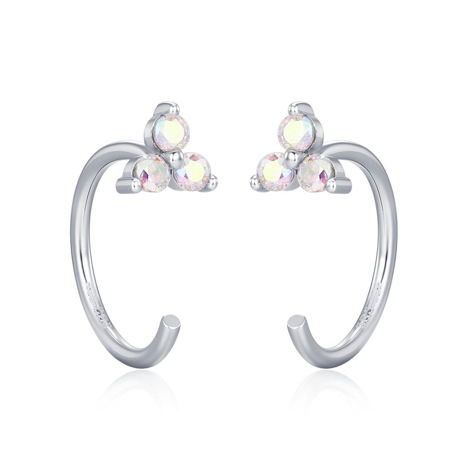 CZ Trio Hydrangea Flower Huggie Hoop Earrings in Sterling Silver, Aurora AB Crystal, Tiny CZ Open Hoops, Pull Through Threaders,