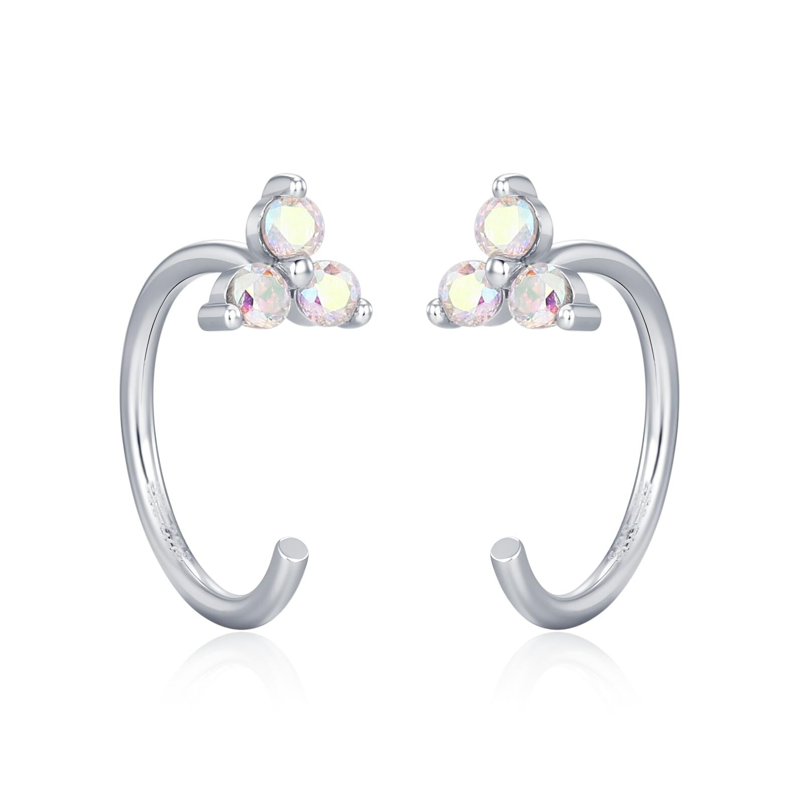 CZ Trio Hydrangea Flower Huggie Hoop Earrings in Sterling Silver, Aurora AB Crystal, Tiny CZ Open Hoops, Pull Through Threaders,