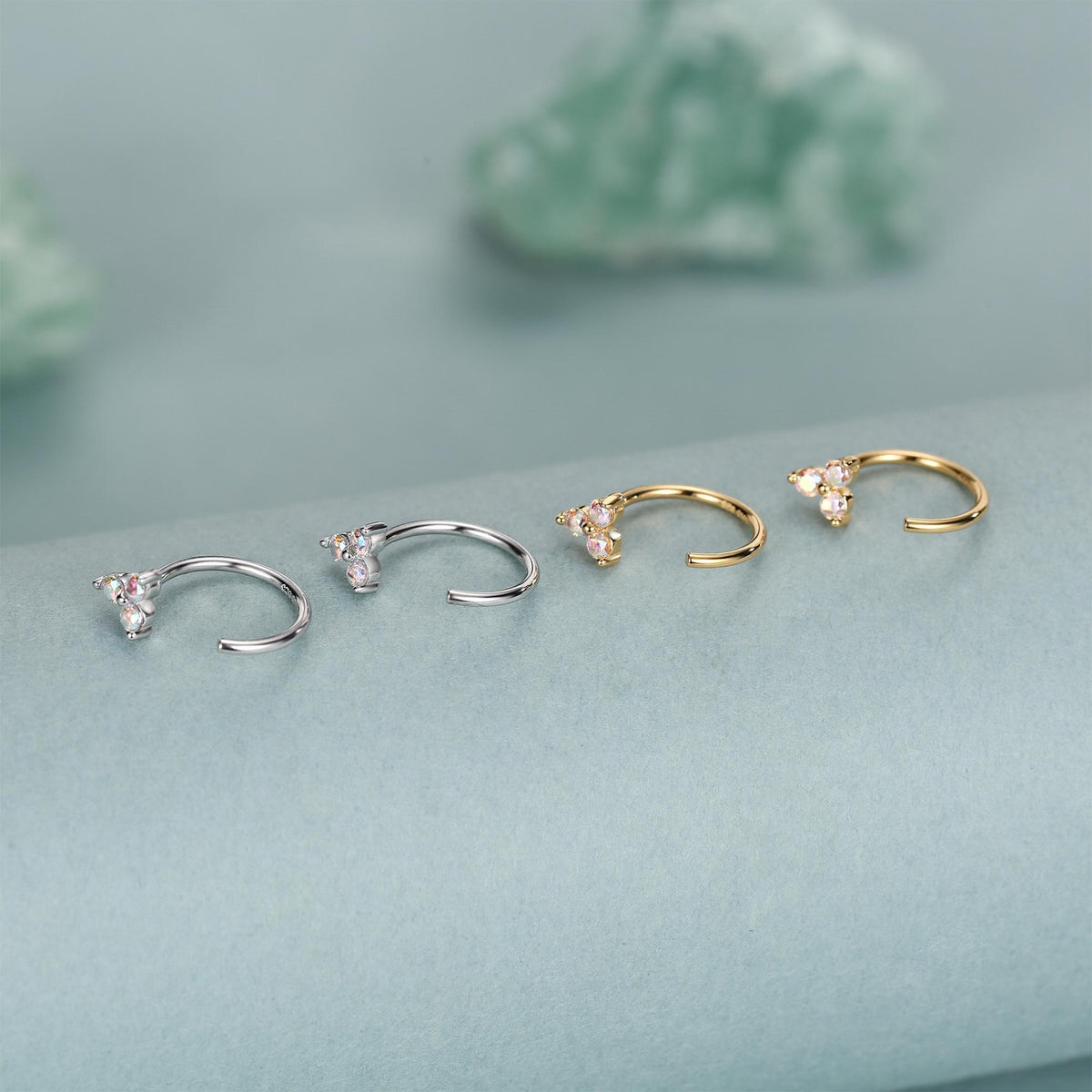 CZ Trio Hydrangea Flower Huggie Hoop Earrings in Sterling Silver, Aurora AB Crystal, Tiny CZ Open Hoops, Pull Through Threaders,