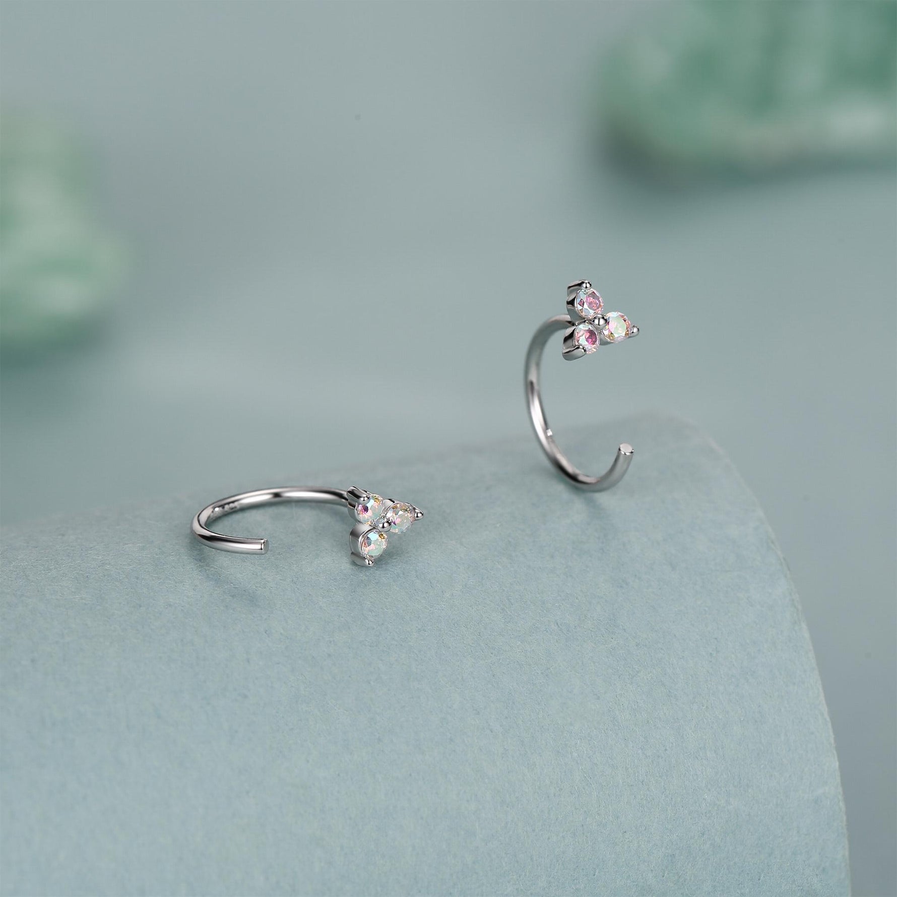 CZ Trio Hydrangea Flower Huggie Hoop Earrings in Sterling Silver, Aurora AB Crystal, Tiny CZ Open Hoops, Pull Through Threaders,