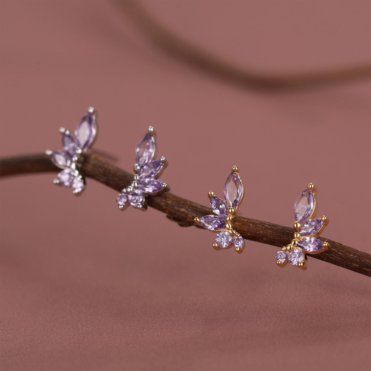 Amethyst Purple CZ Marquise Cluster Stud Earrings in Sterling Silver, Silver or Gold, Marquise Earrings, CZ Wing Earrings, Mini Crawler