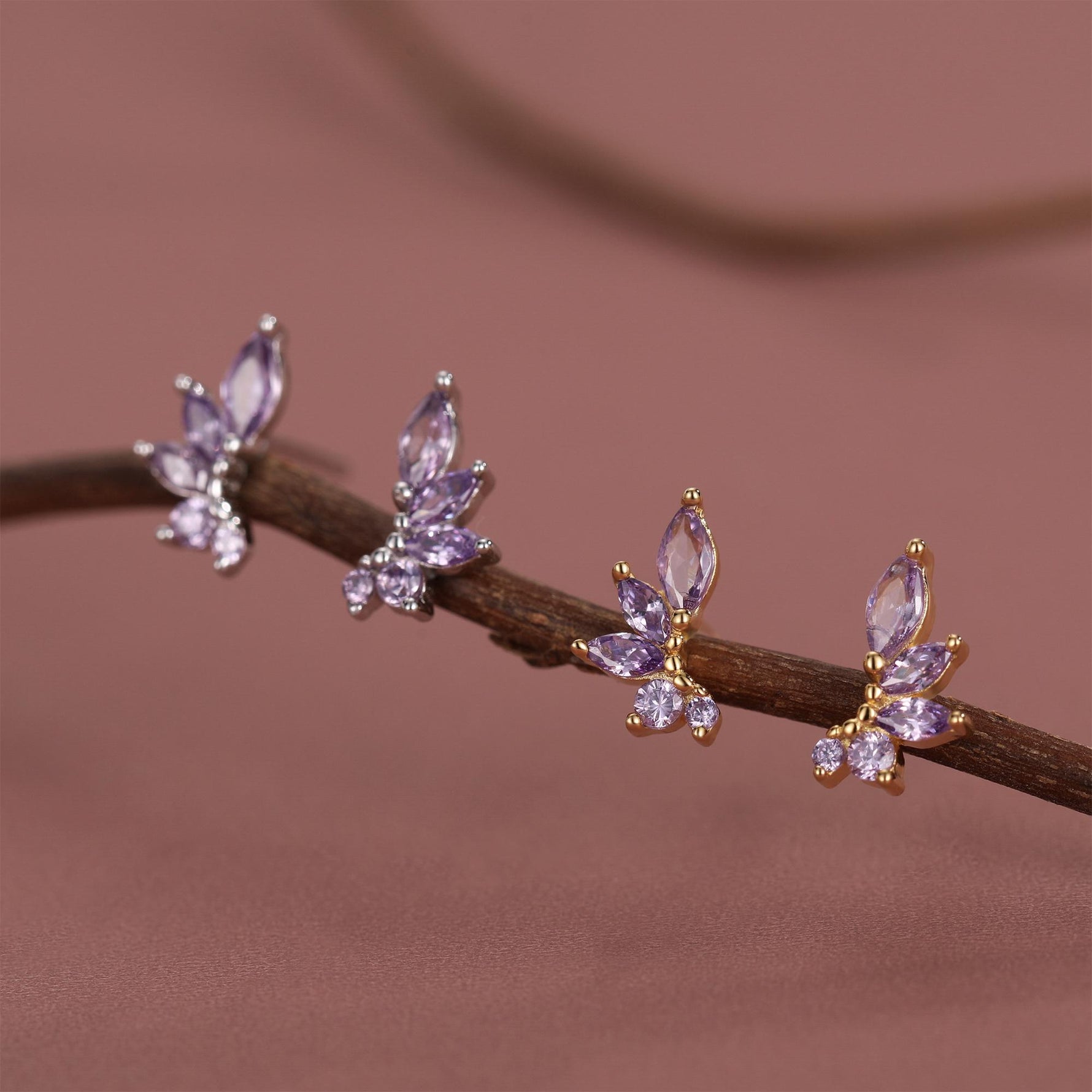Amethyst Purple CZ Marquise Cluster Stud Earrings in Sterling Silver, Silver or Gold, Marquise Earrings, CZ Wing Earrings, Mini Crawler