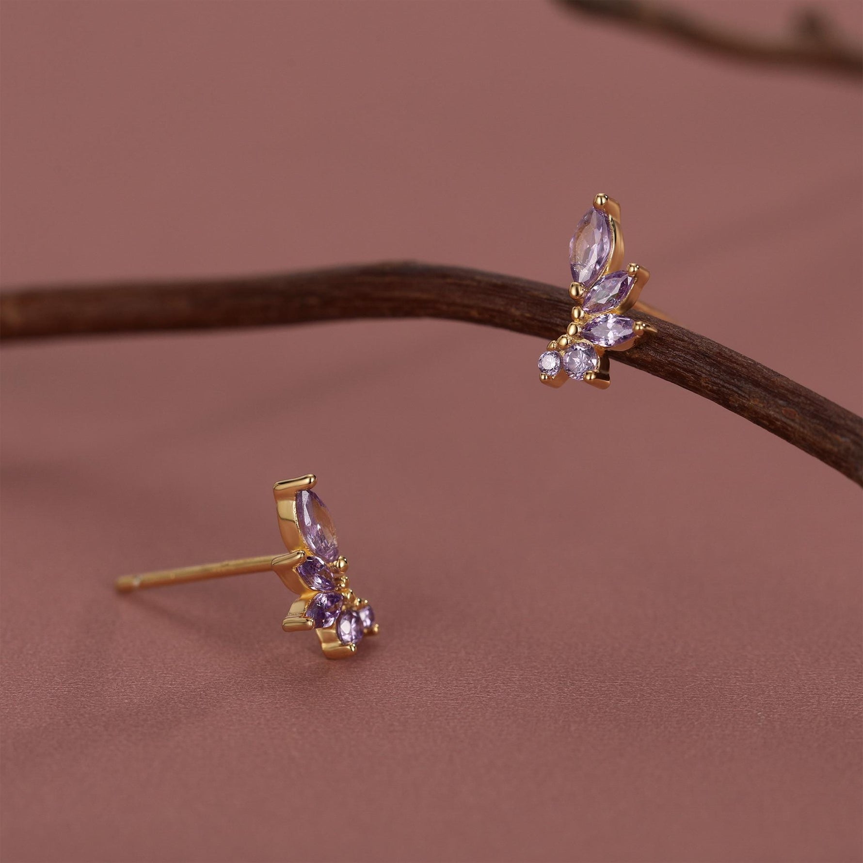 Amethyst Purple CZ Marquise Cluster Stud Earrings in Sterling Silver, Silver or Gold, Marquise Earrings, CZ Wing Earrings, Mini Crawler