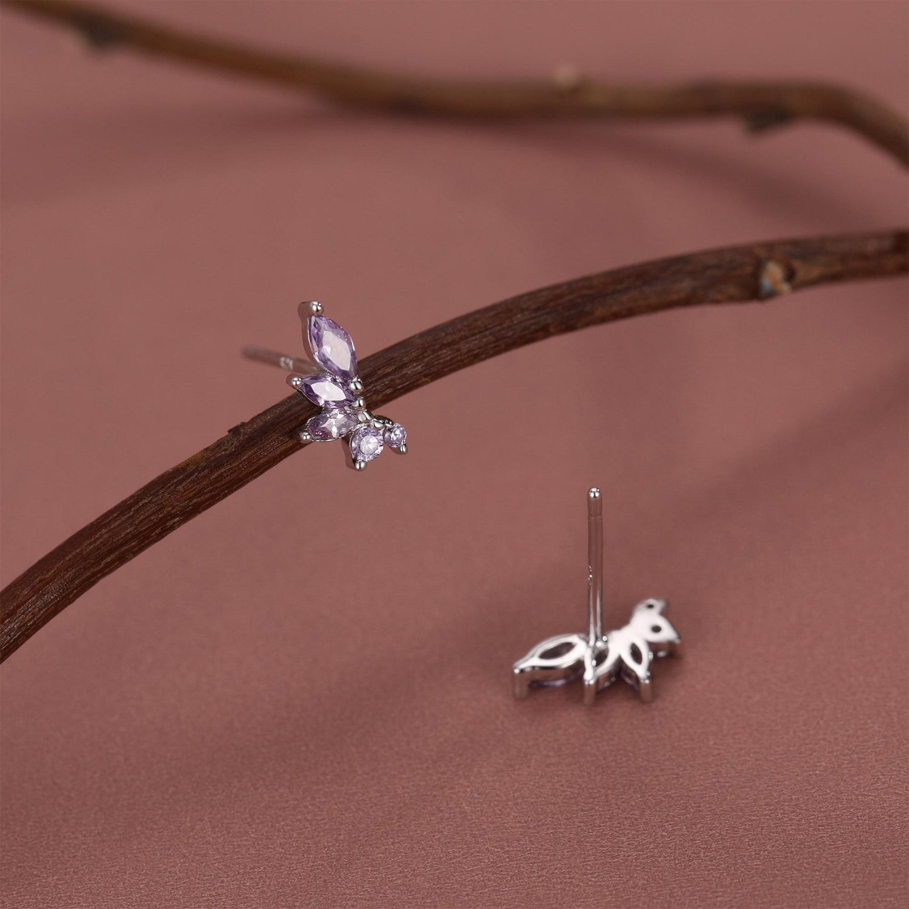 Amethyst Purple CZ Marquise Cluster Stud Earrings in Sterling Silver, Silver or Gold, Marquise Earrings, CZ Wing Earrings, Mini Crawler