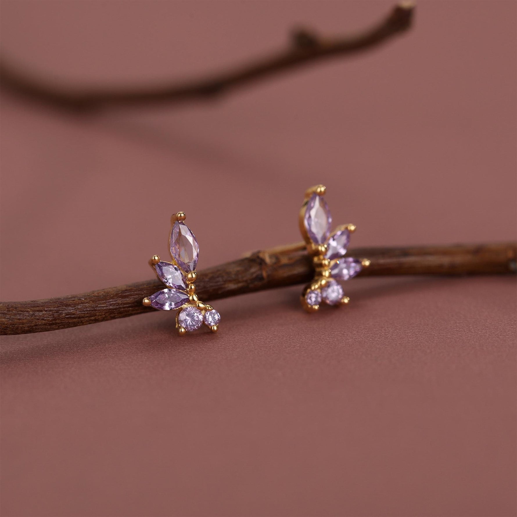 Amethyst Purple CZ Marquise Cluster Stud Earrings in Sterling Silver, Silver or Gold, Marquise Earrings, CZ Wing Earrings, Mini Crawler